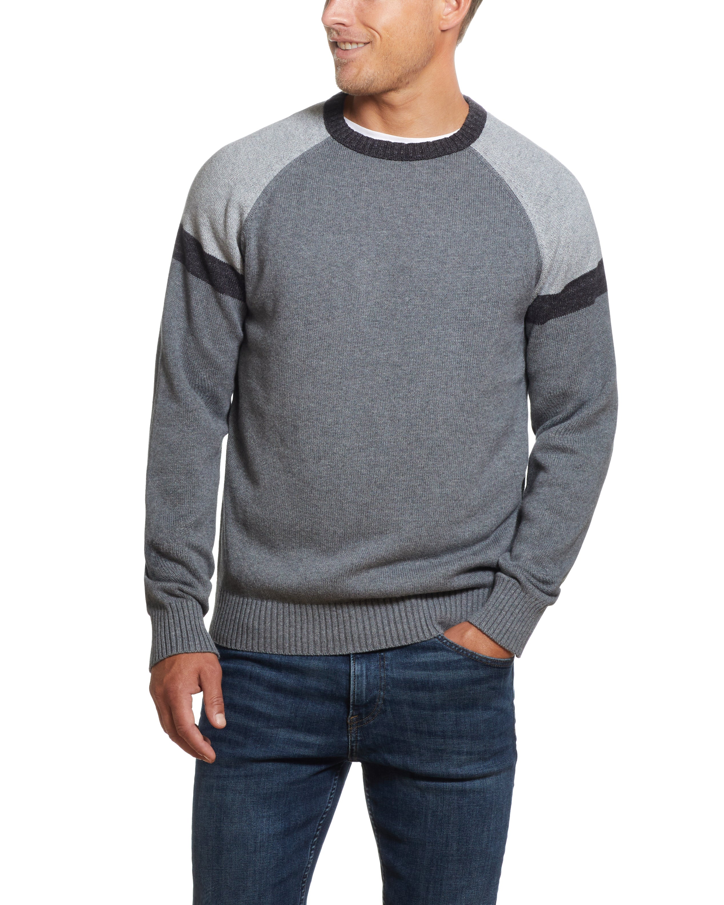 Color Block Raglan Sleeve Crew In Concrete Denim