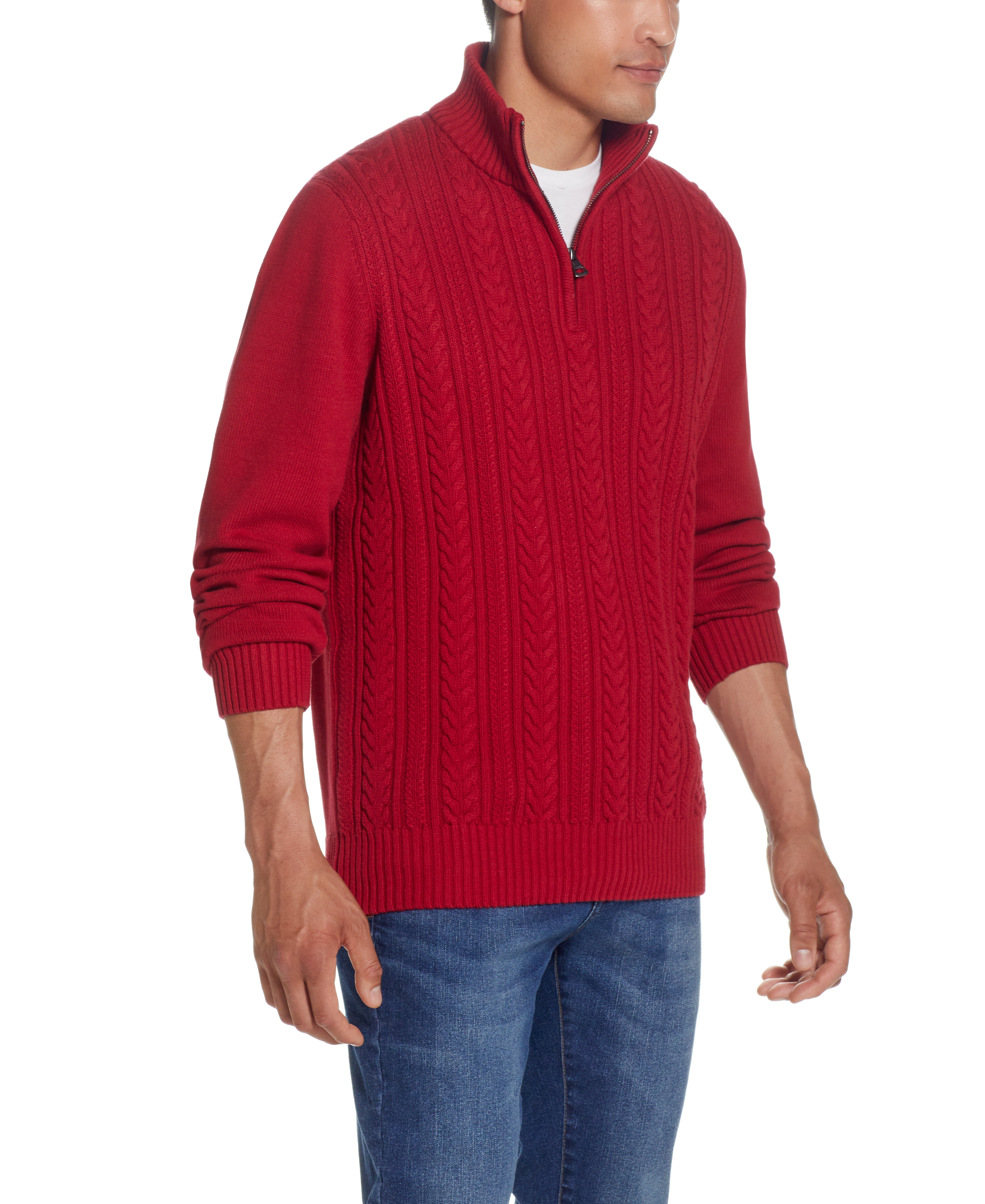 Cable Knit Quarter Zip Sweater In Dark Red