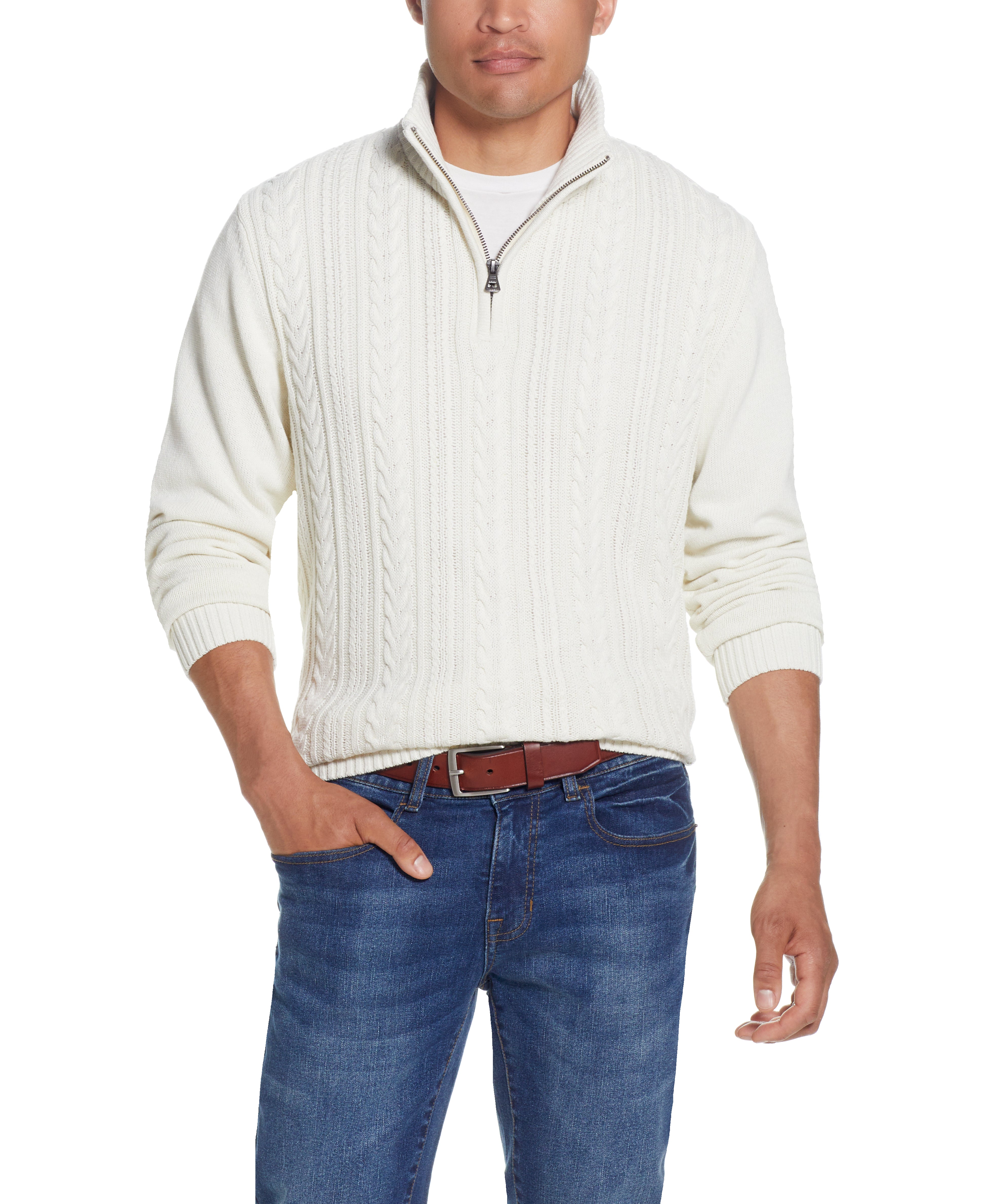 Cable Knit Quarter Zip Sweater In Ecru