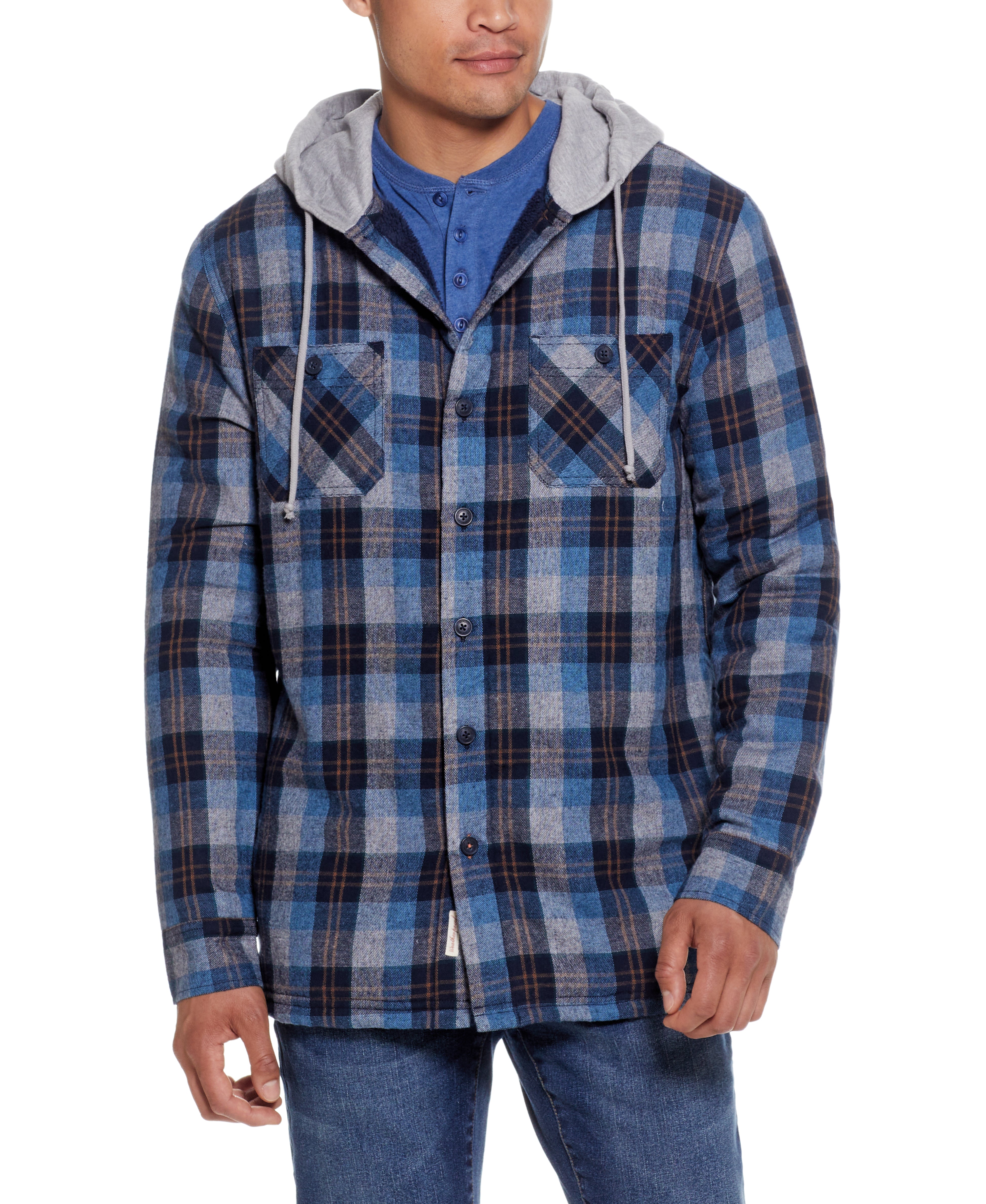 SHERPA LINED HOODED SHIRT JACKET in BLUE