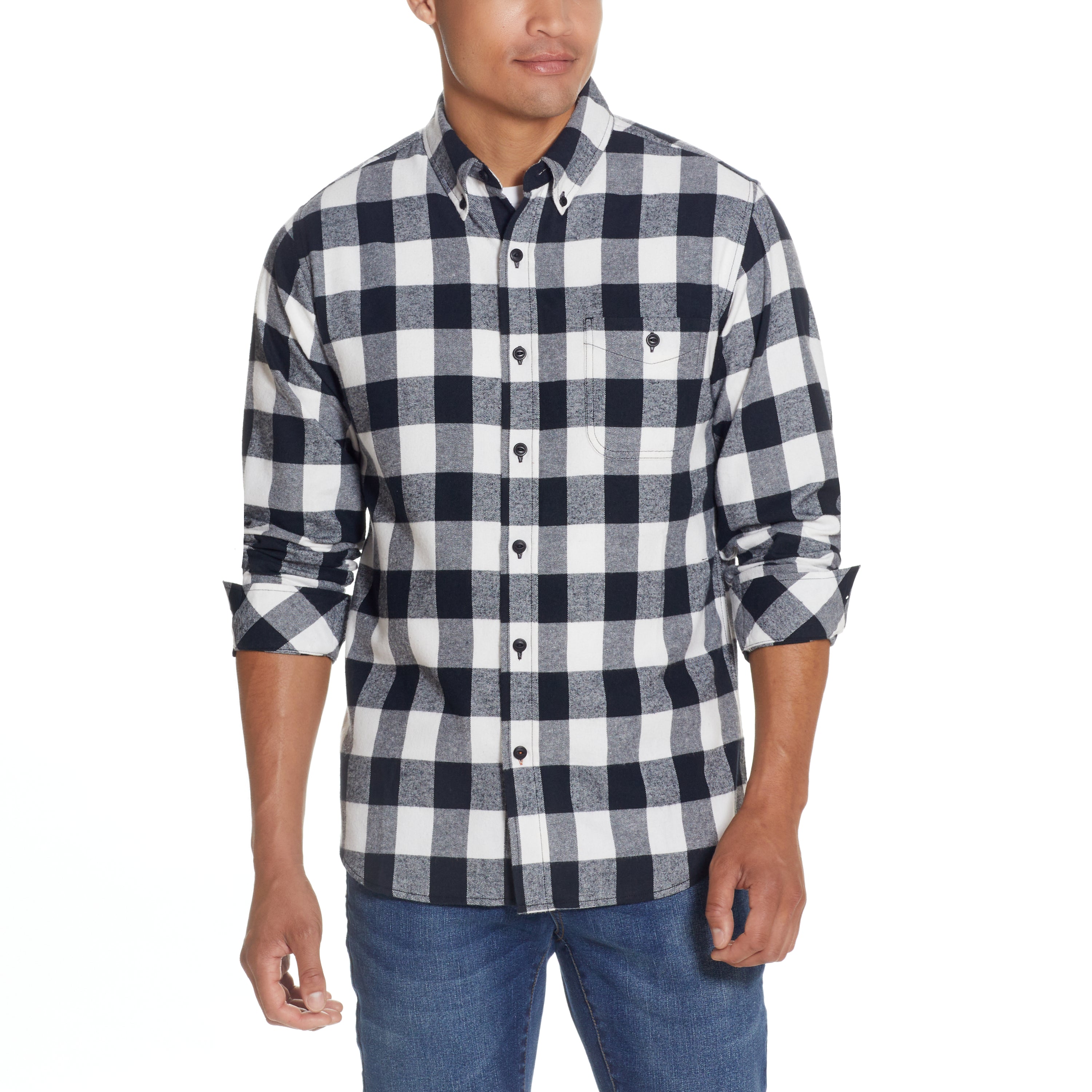 grey and white flannel shirt