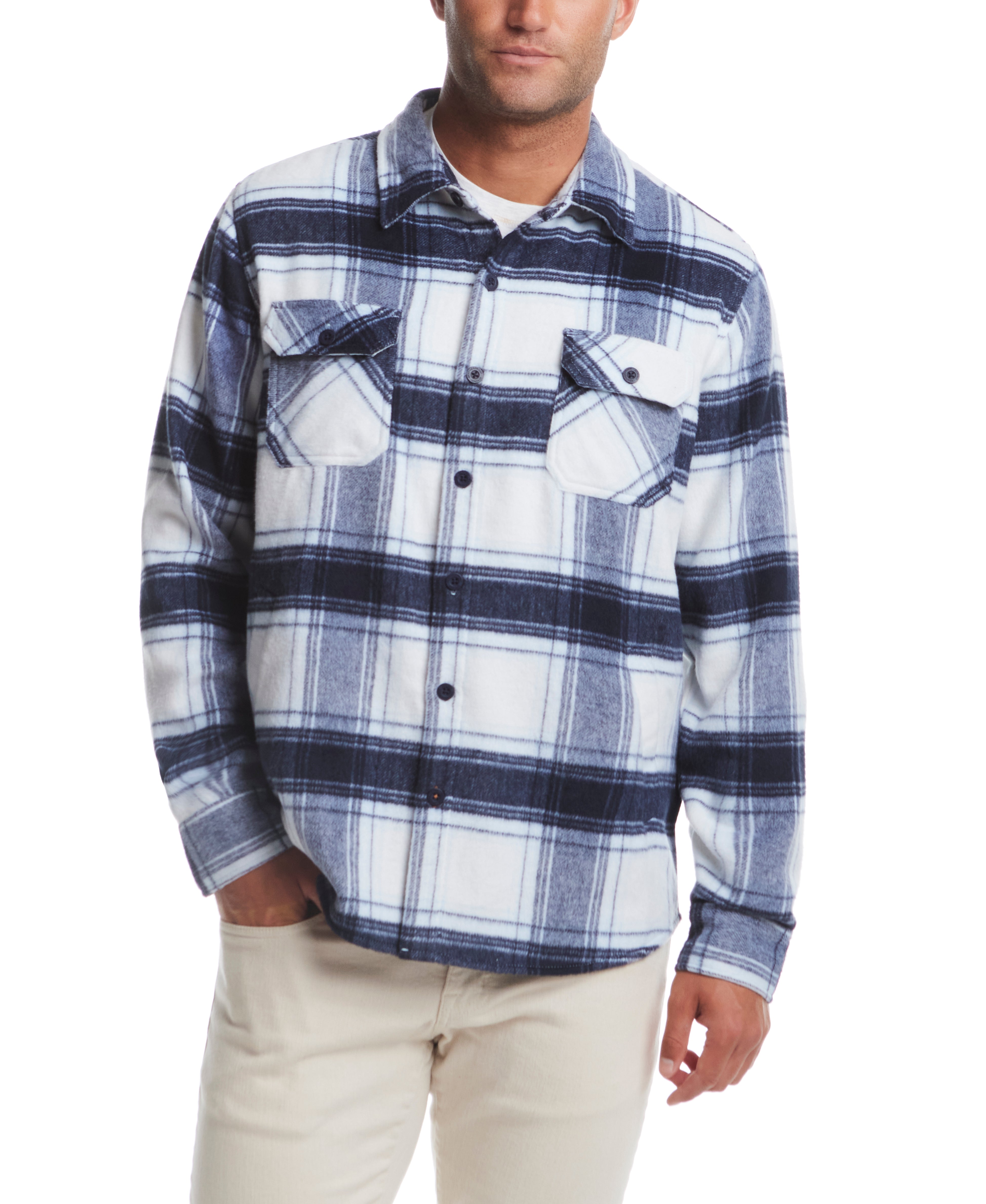 Brushed Unlined Shirt Jacket in White Plaid