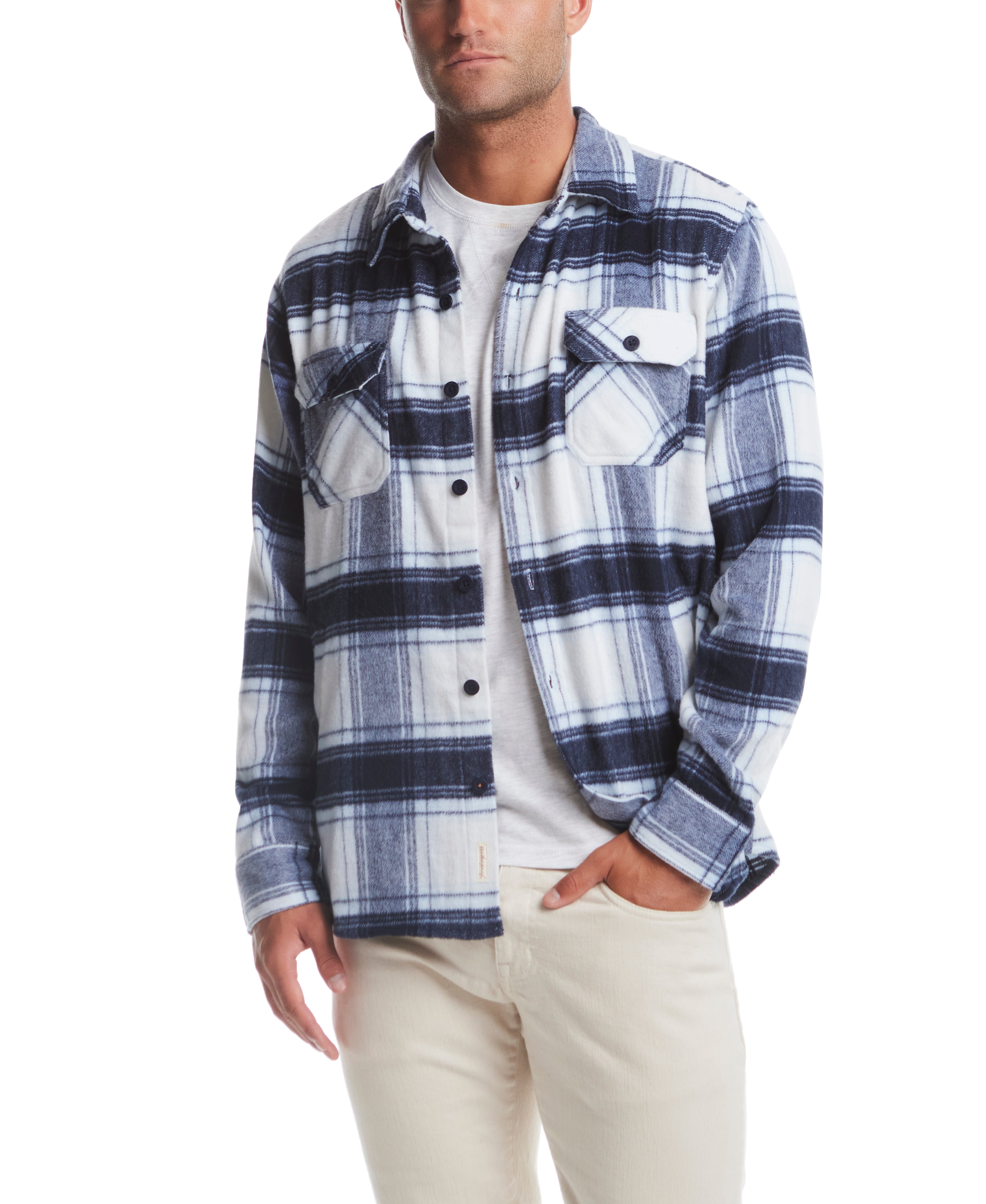 Brushed Unlined Shirt Jacket in White Plaid