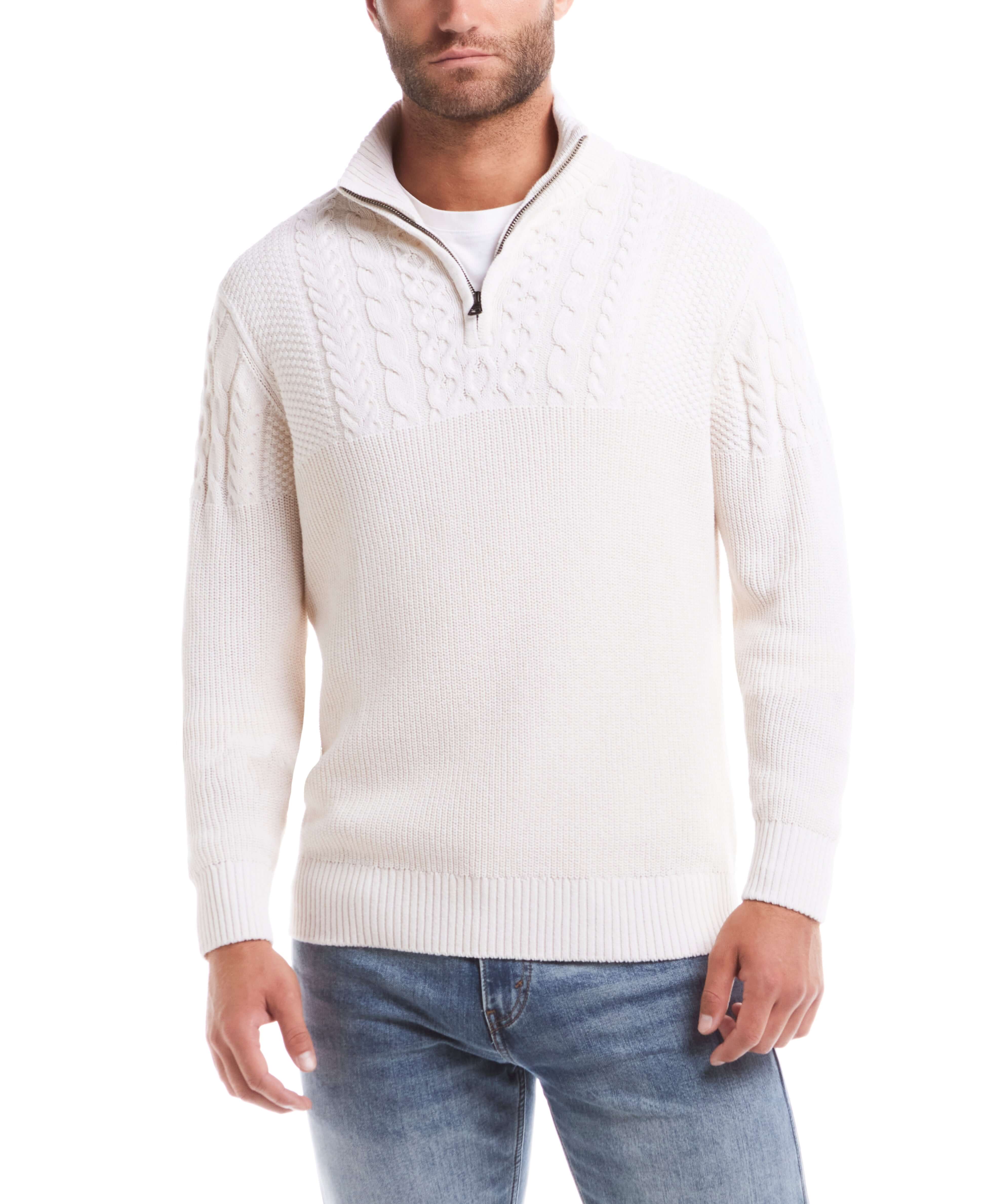 Holiday Cable Yoke Quarter Zip Sweater in Ecru