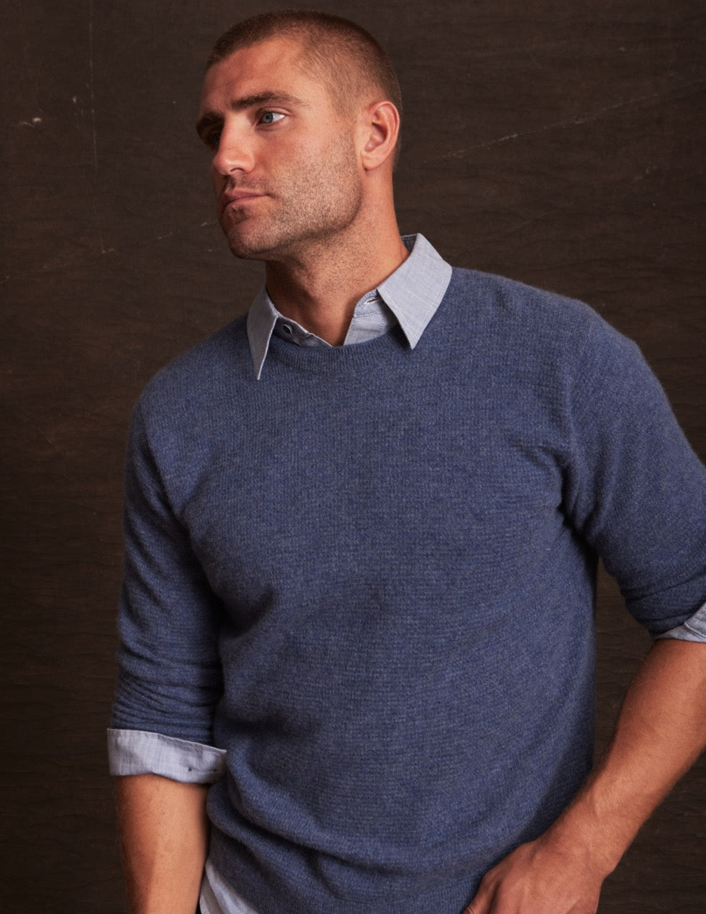 Cashmere Textured Crew In Denim Heather