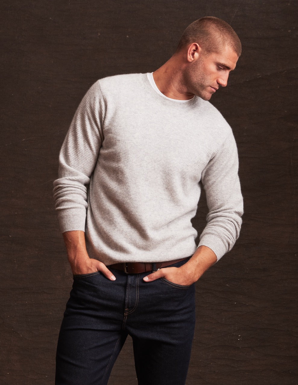 Cashmere Textured Crew In Light Gray Heather