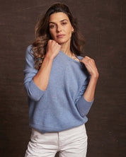 Women's Cashmere Long Sleeve Solid Vee In Chambray Heather