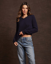 Women's Cashmere Long Sleeve Solid Vee In Dark Navy