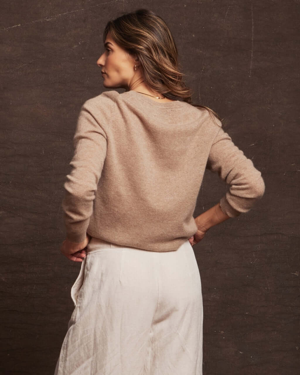 Women's Cashmere Long Sleeve Solid Vee In Taupe Heather