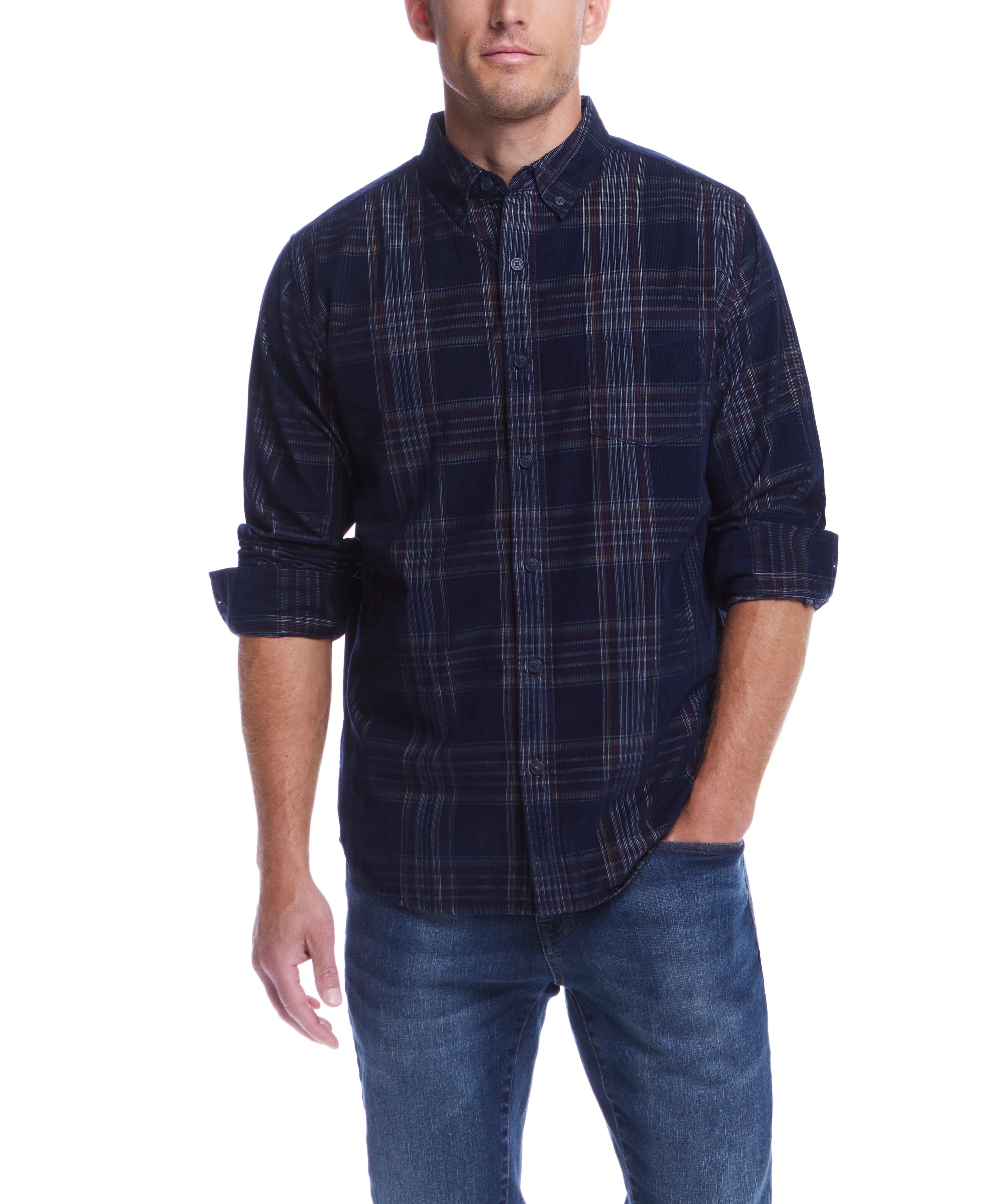 Long Sleeve Plaid Cord Shirt In Blue