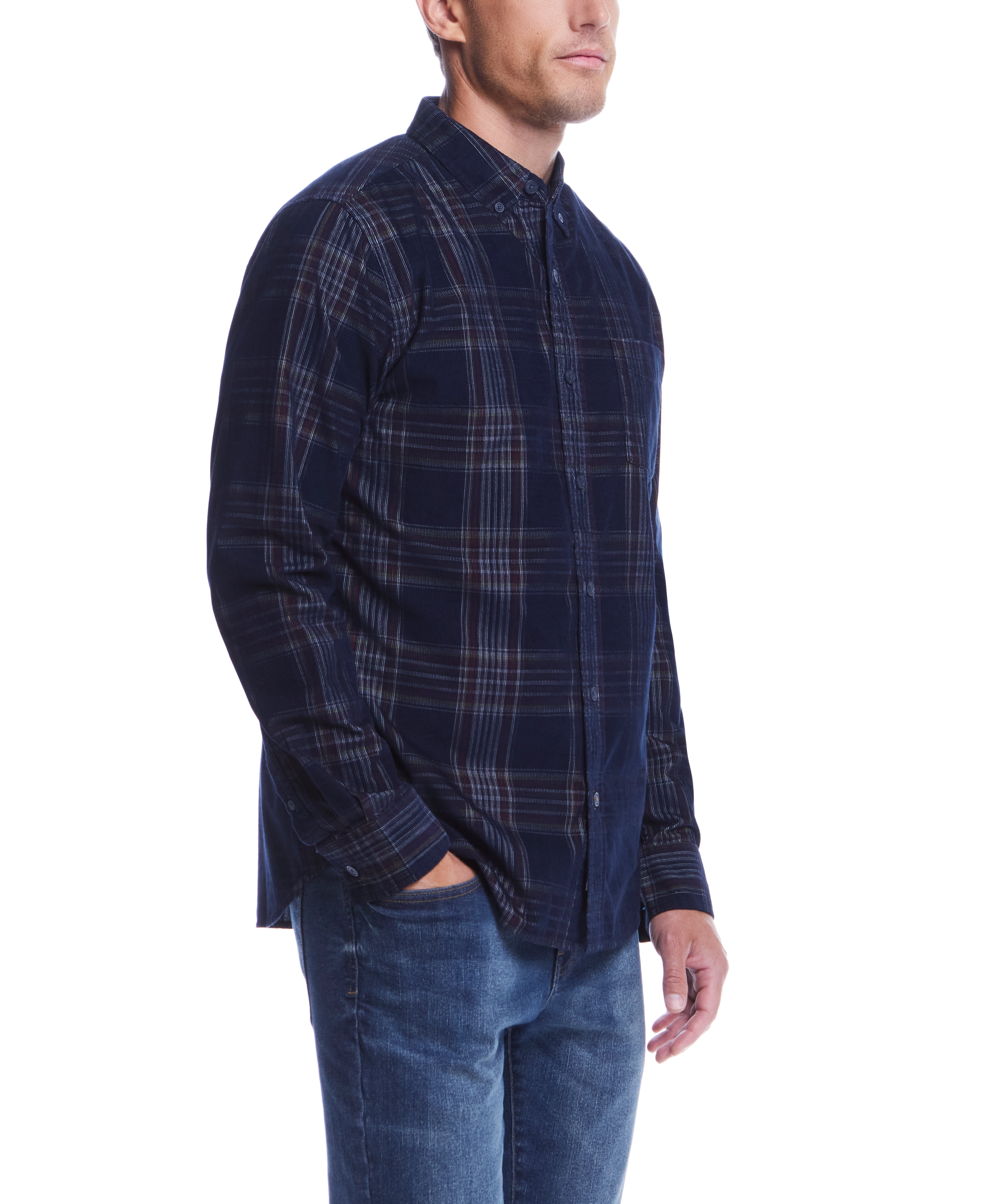 Long Sleeve Plaid Cord Shirt In Blue