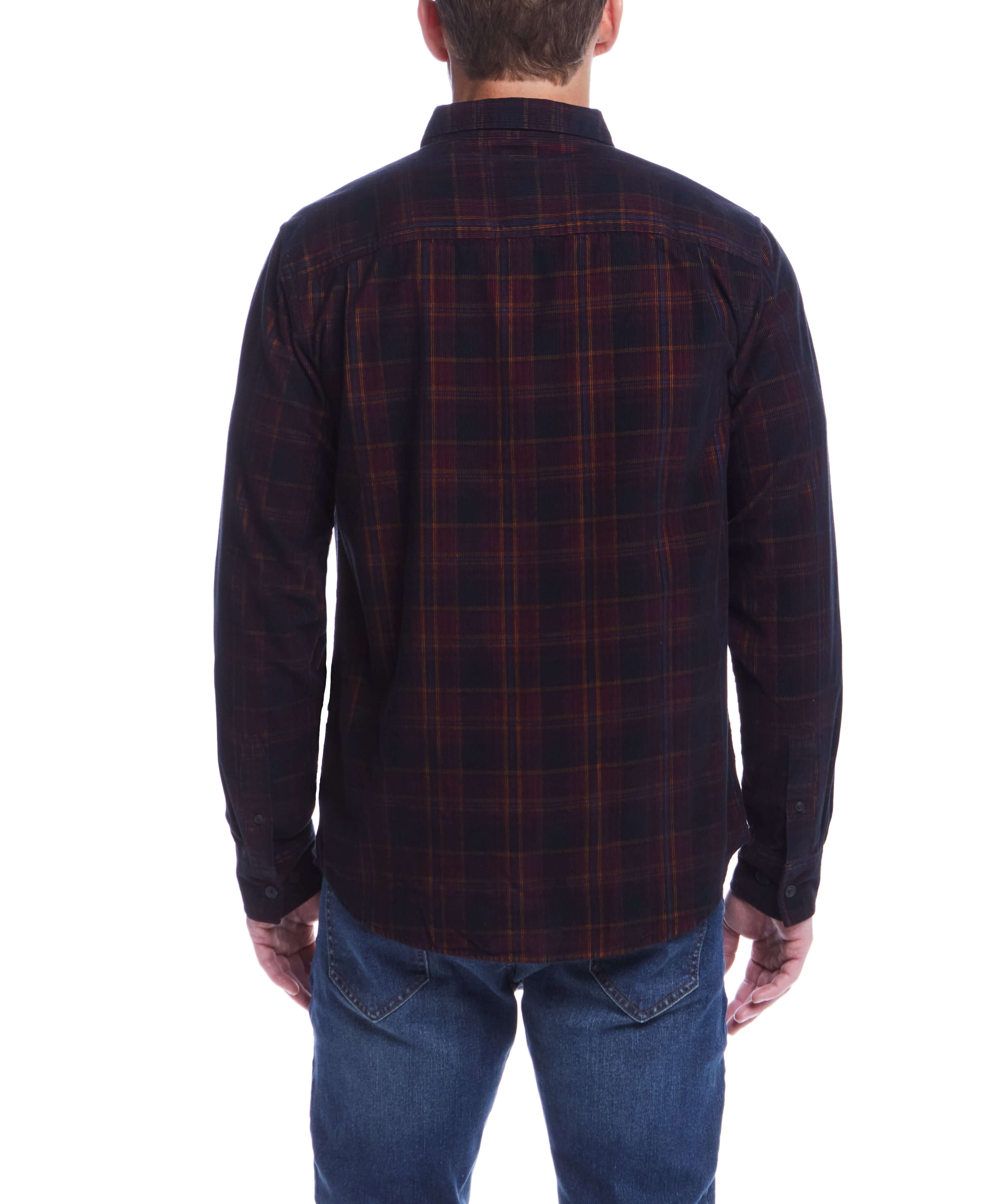 Long Sleeve Plaid Cord Shirt In Burgundy