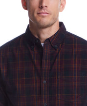 Long Sleeve Plaid Cord Shirt In Burgundy