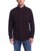 Long Sleeve Plaid Cord Shirt In Burgundy