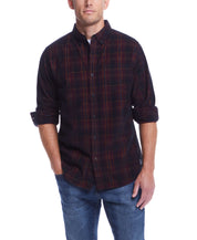 Long Sleeve Plaid Cord Shirt In Burgundy