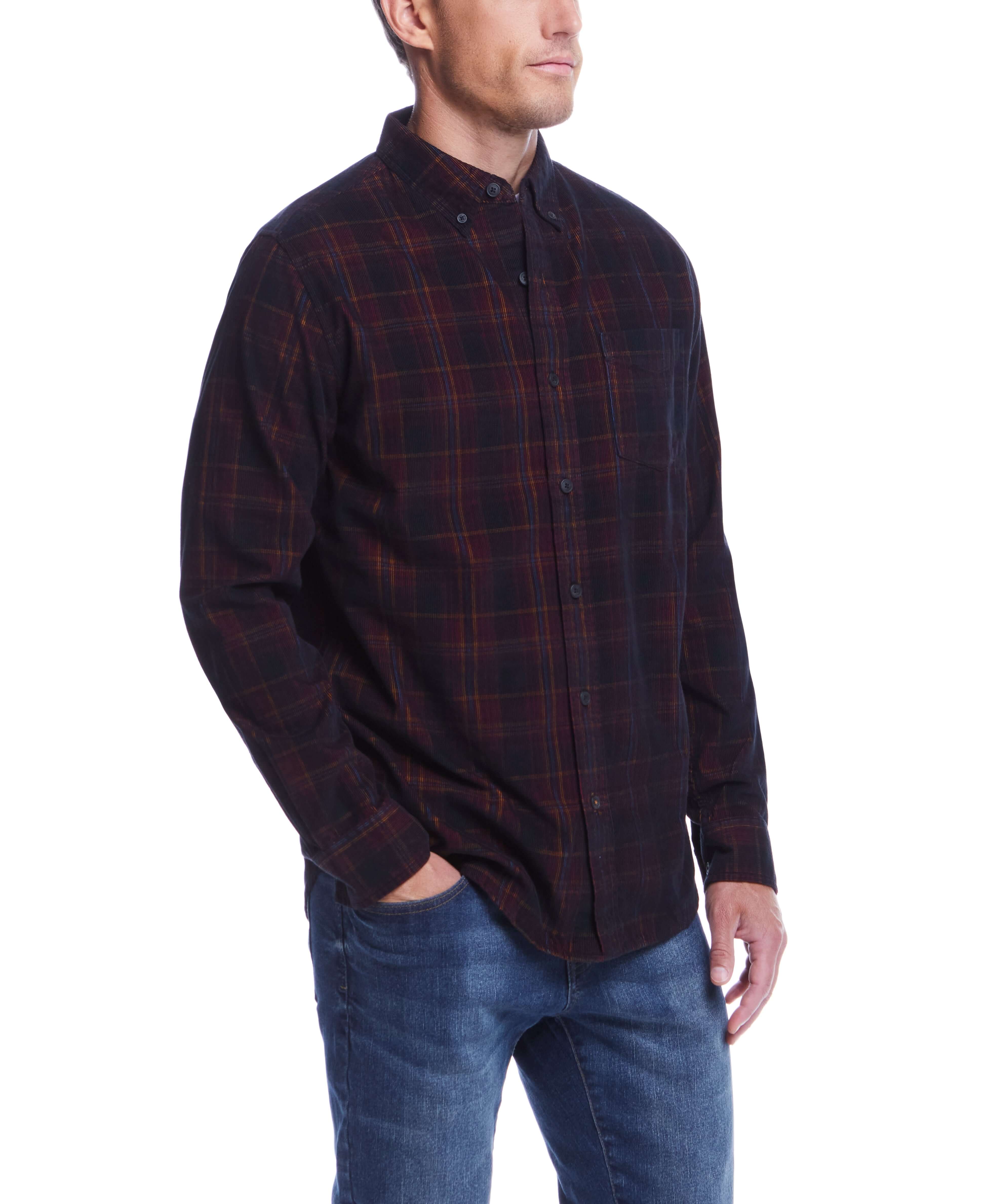 Long Sleeve Plaid Cord Shirt In Burgundy