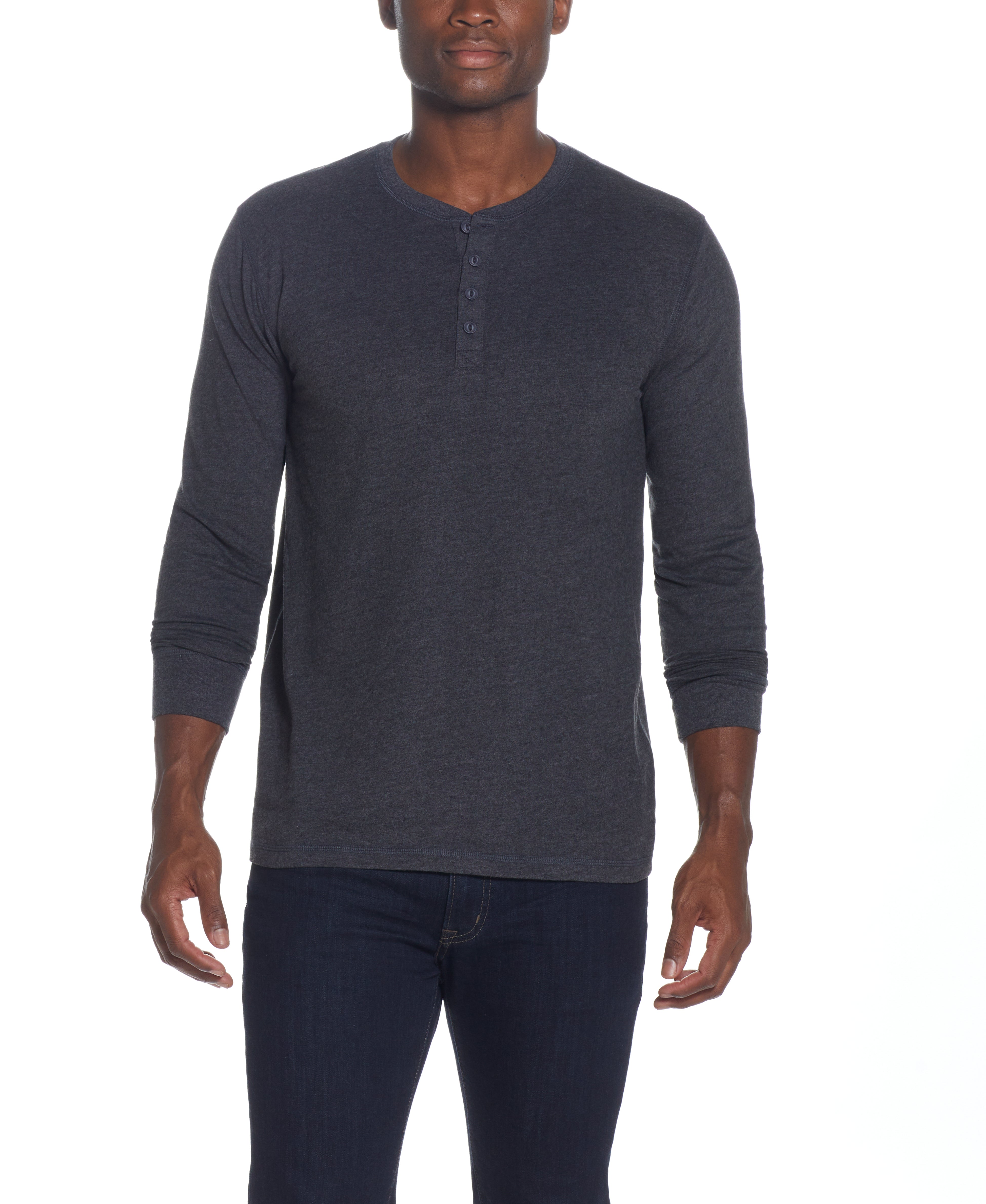 Long Sleeve Brushed Jersey Henley In Black Heather