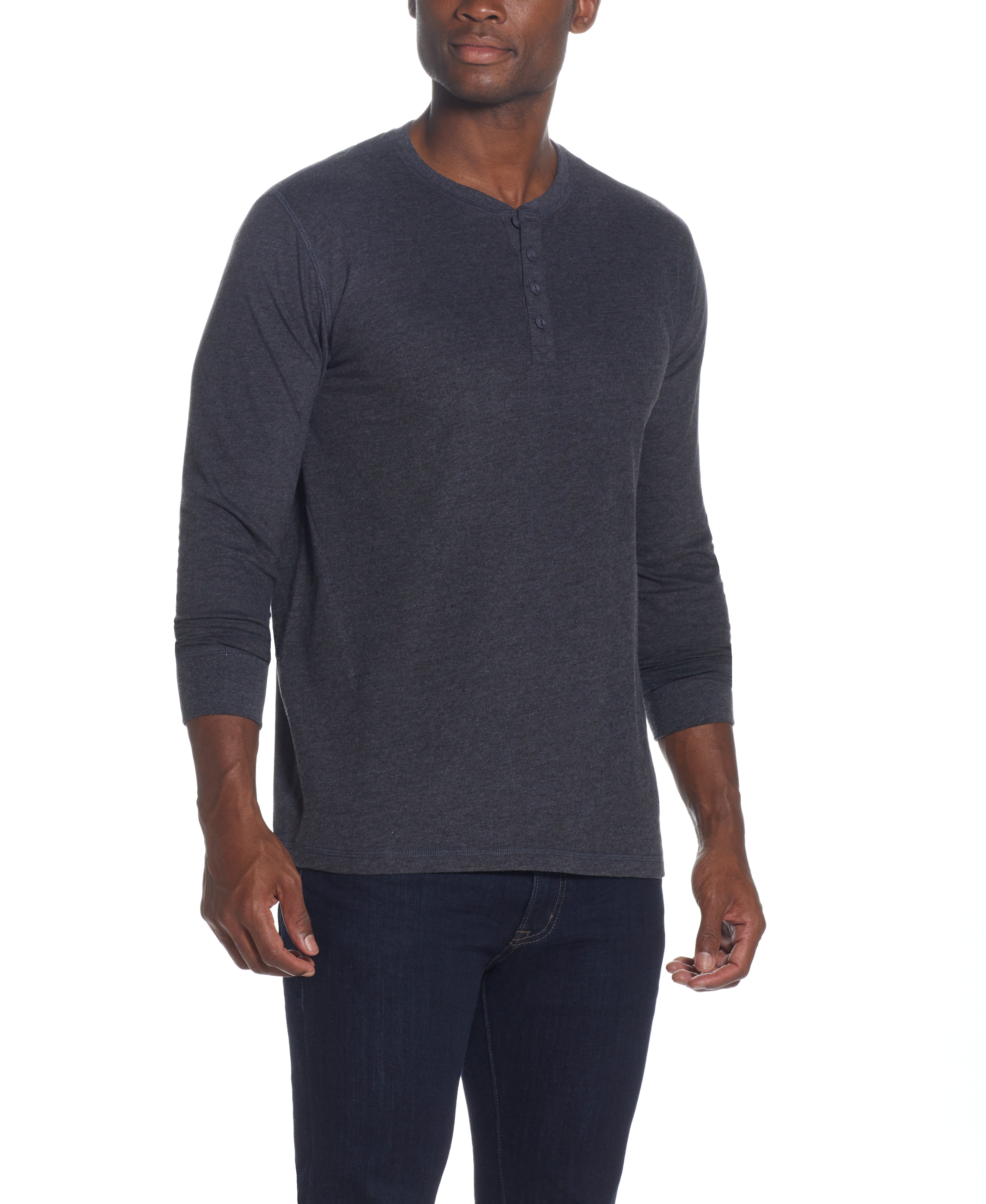 Long Sleeve Brushed Jersey Henley In Black Heather