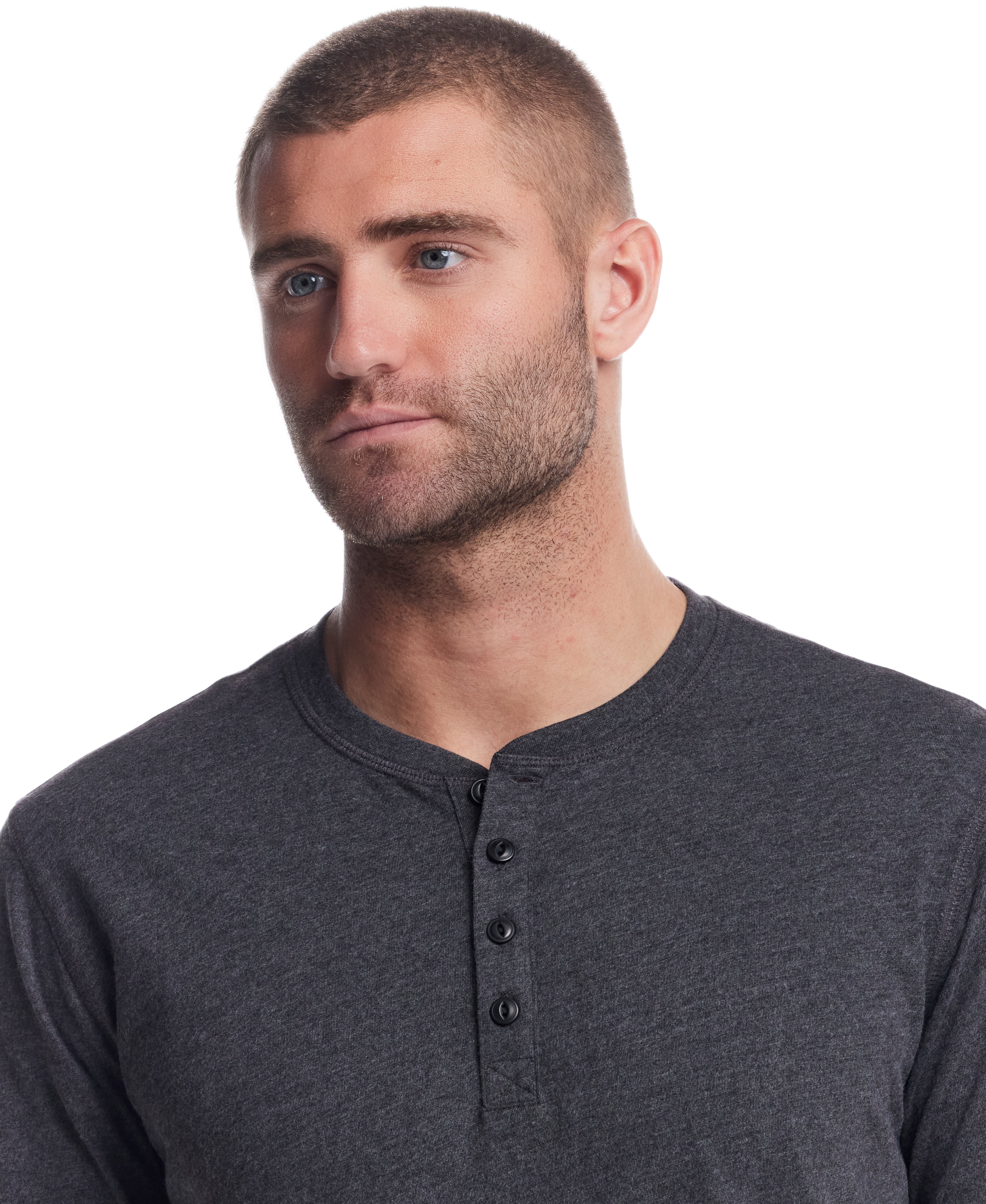 Long Sleeve Brushed Jersey Henley in Black Heather