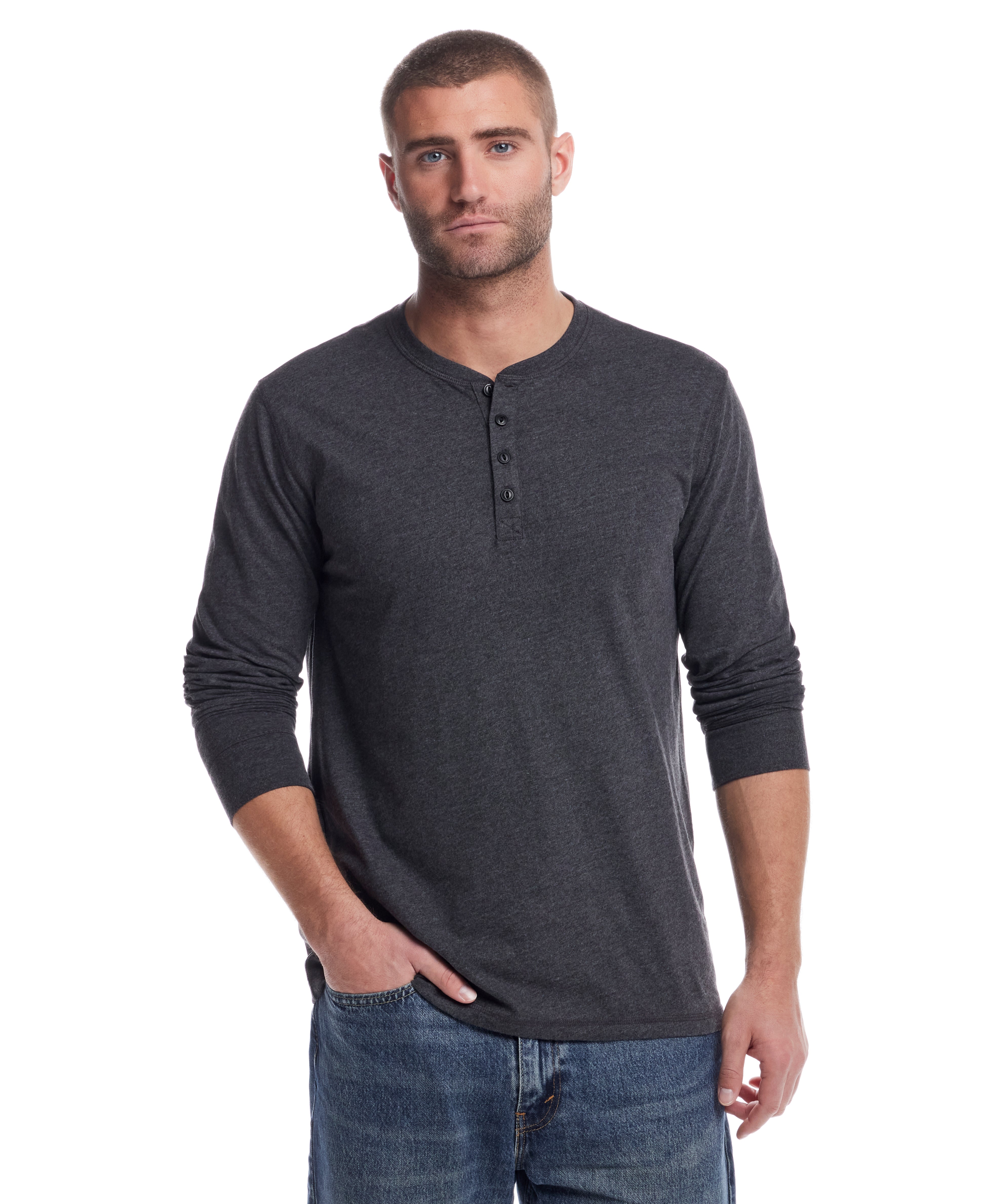 Long Sleeve Brushed Jersey Henley in Black Heather