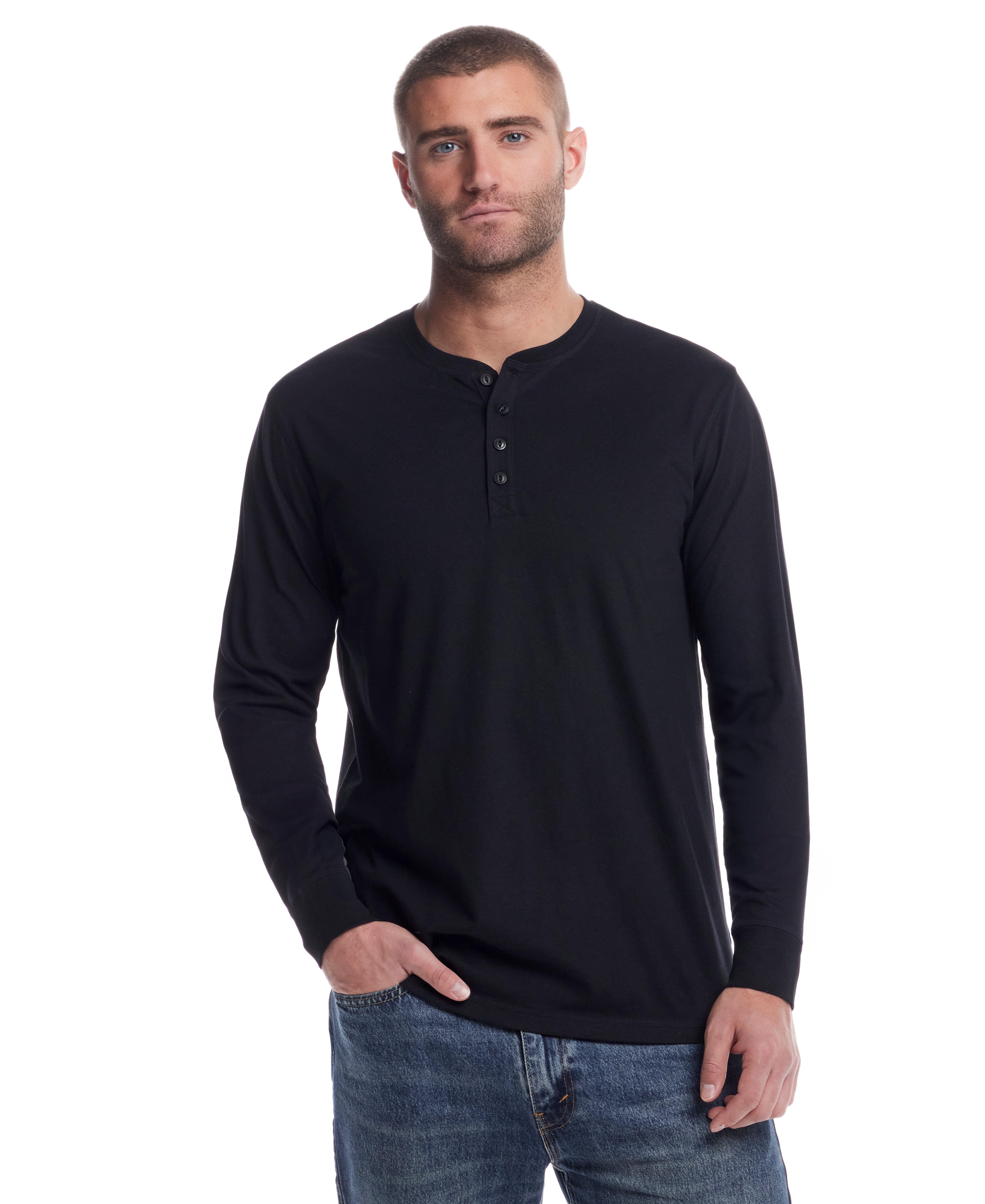 Long Sleeve Brushed Jersey Henley In Black