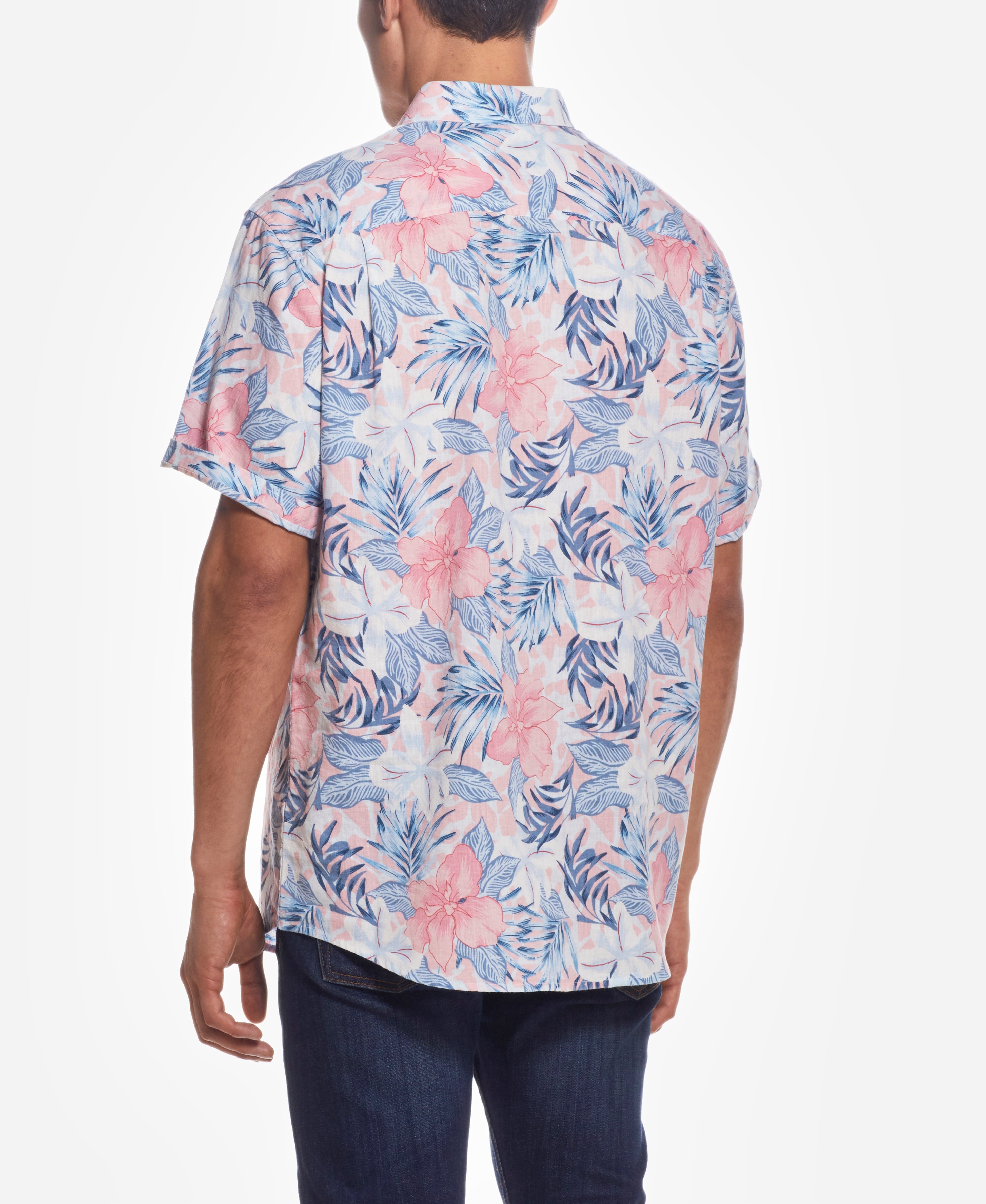 Short Sleeve Linen Cotton Floral Print In Cherry Blossom
