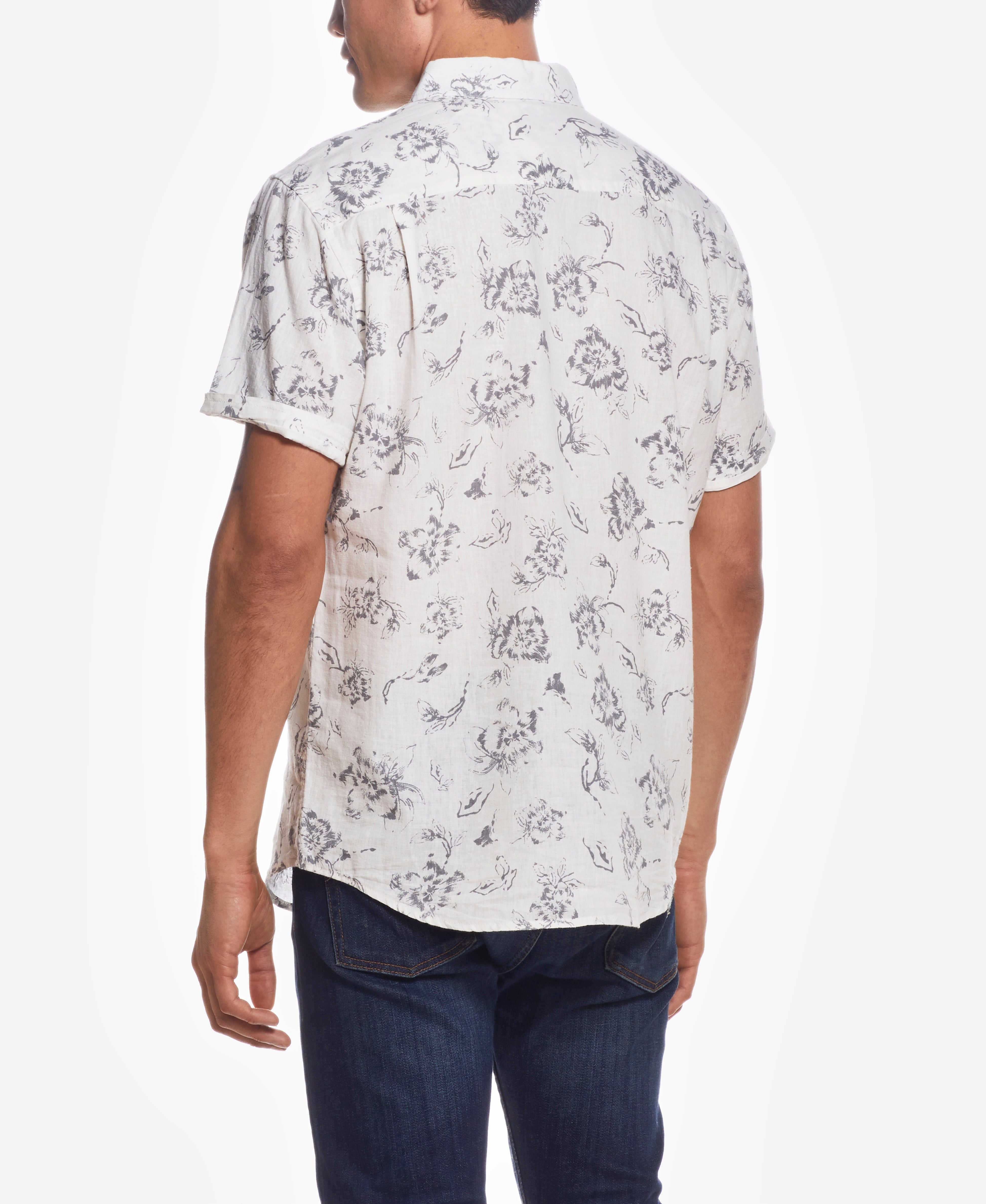 Short Sleeve Linen Cotton Floral Print In Grey