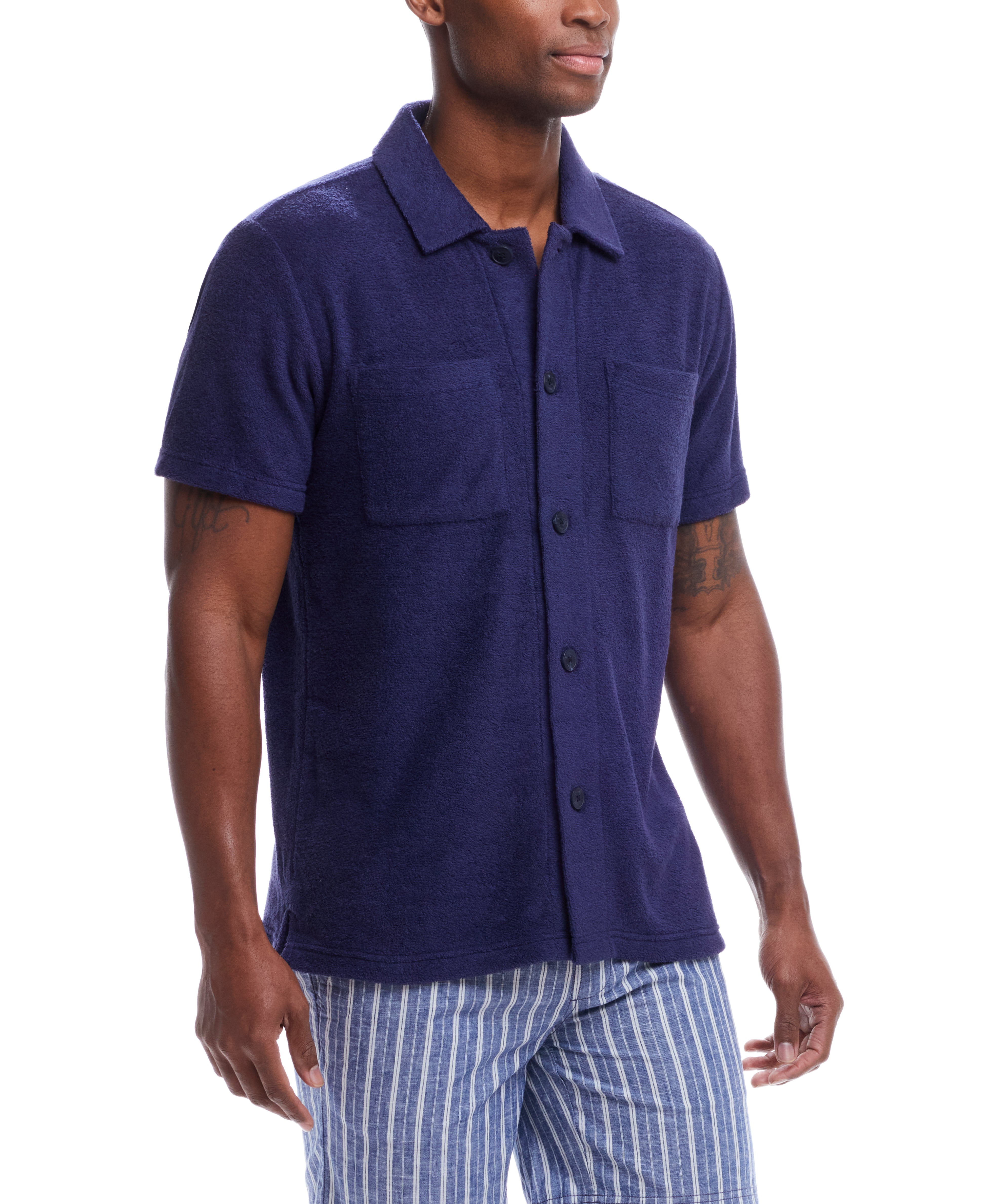 Short Sleeve Solid Terry Button Down Shirt In Naval Academy