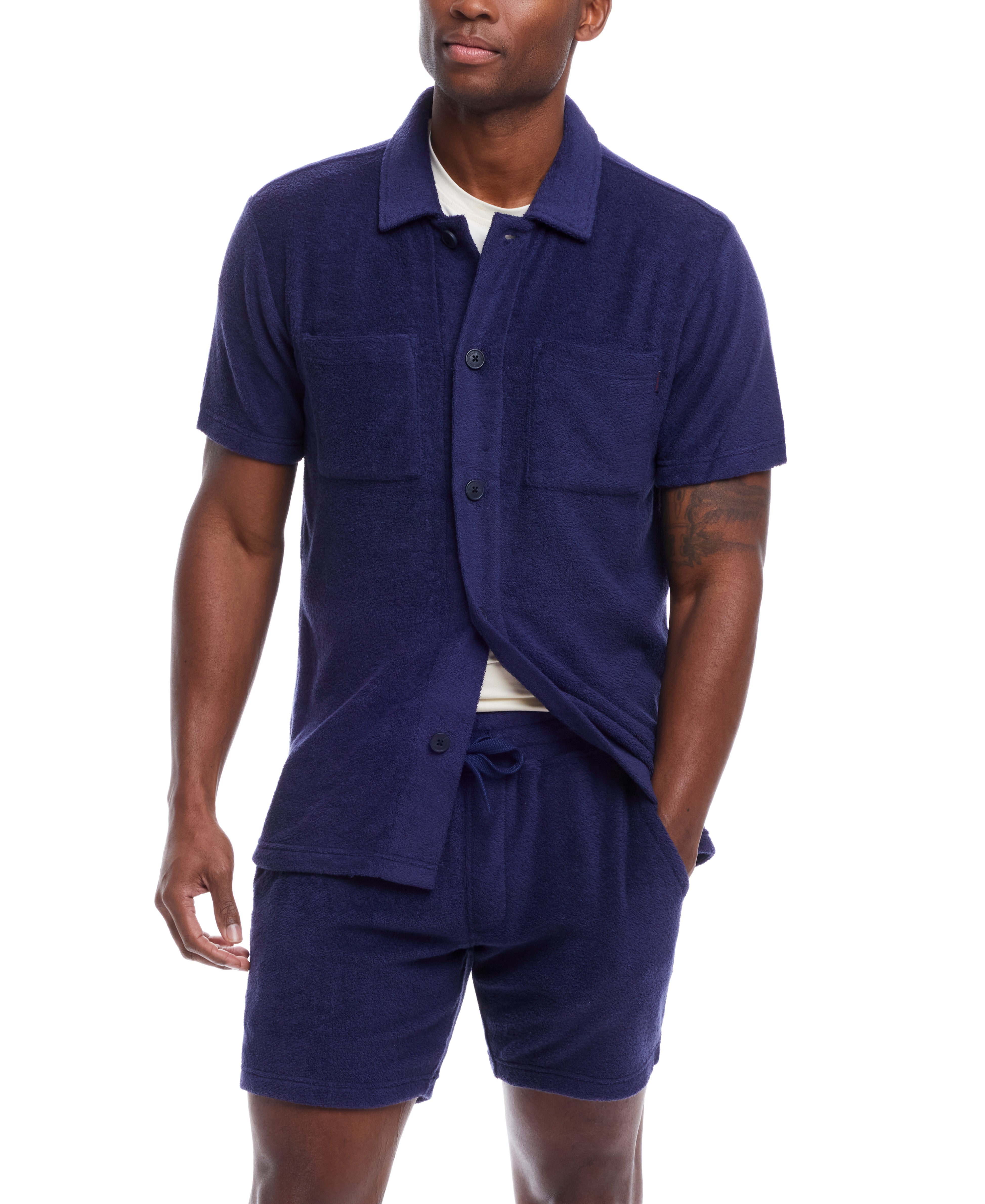 Short Sleeve Solid Terry Button Down Shirt In Naval Academy