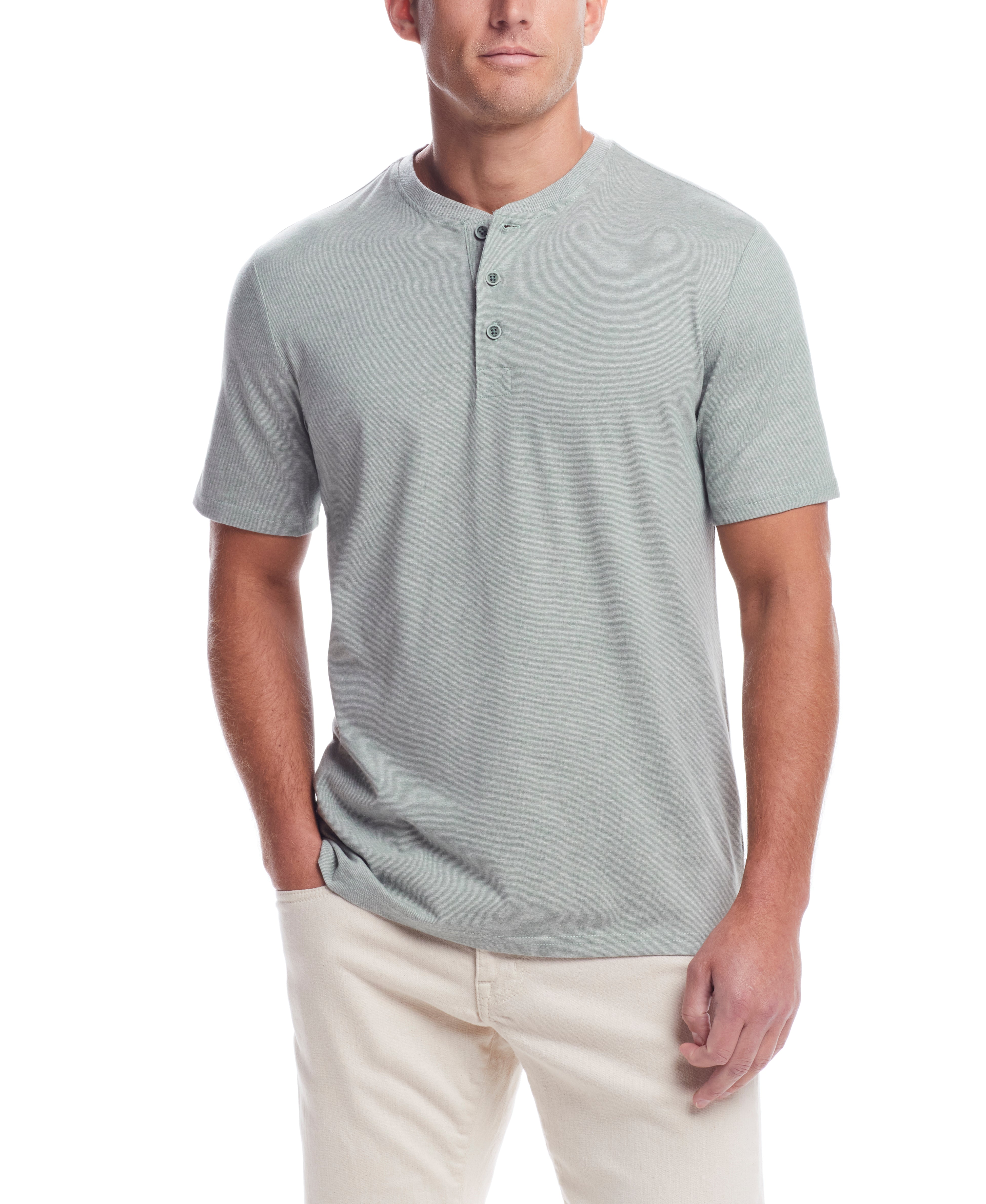 Short Sleeve Sueded Microstripe Henley In Sea Spray