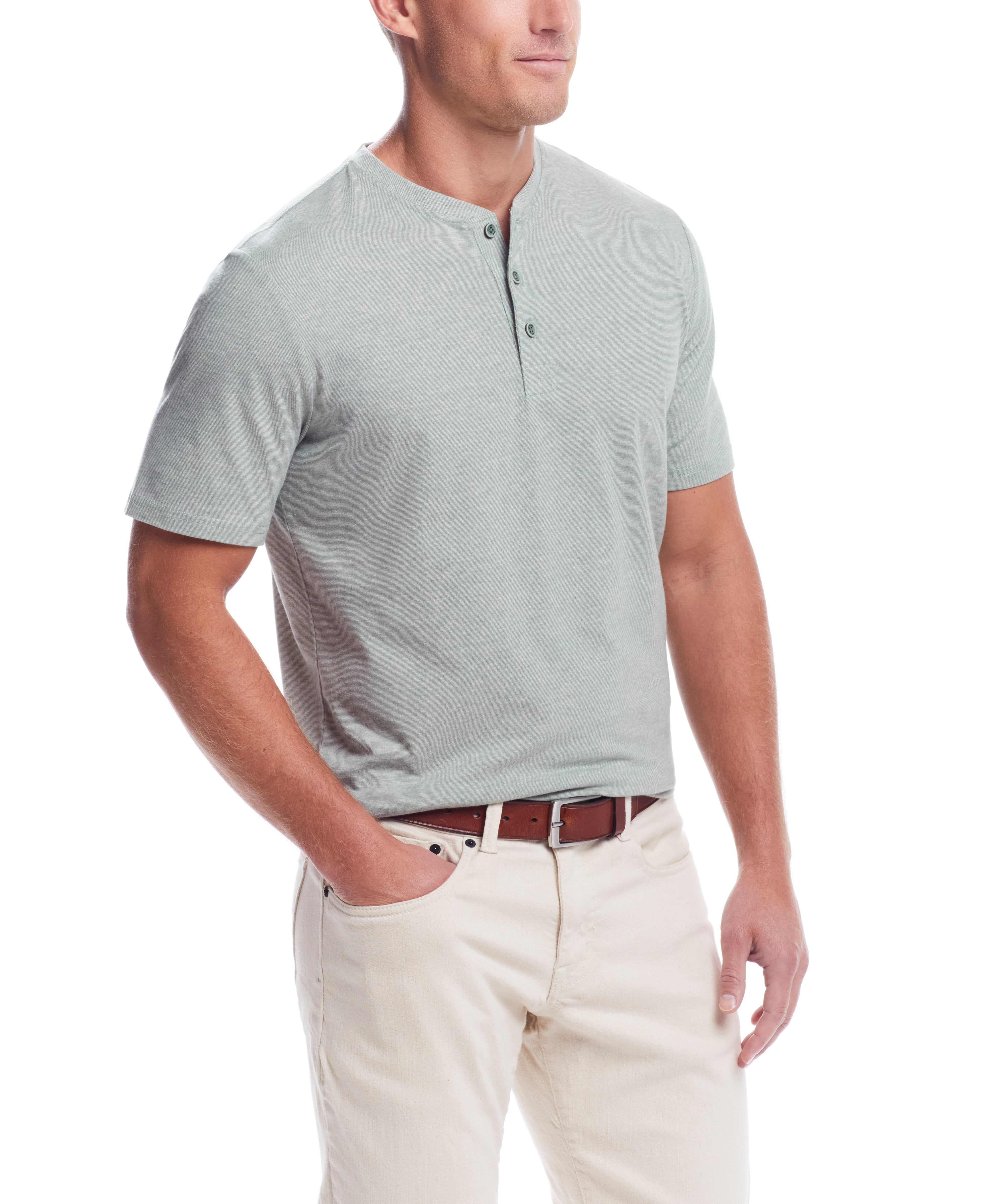 Short Sleeve Sueded Microstripe Henley In Sea Spray