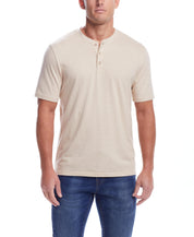 Short Sleeve Sueded Microstripe Henley In Natural