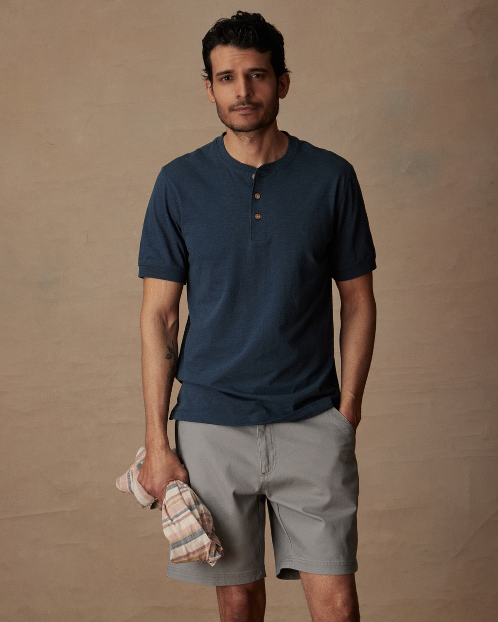 Short Sleeve Melange Henley In Deep Cobalt