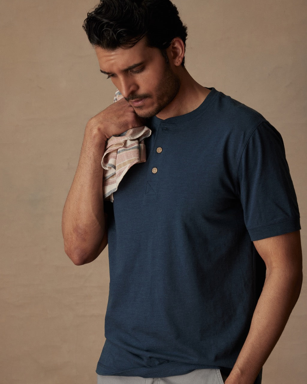 Short Sleeve Melange Henley In Deep Cobalt