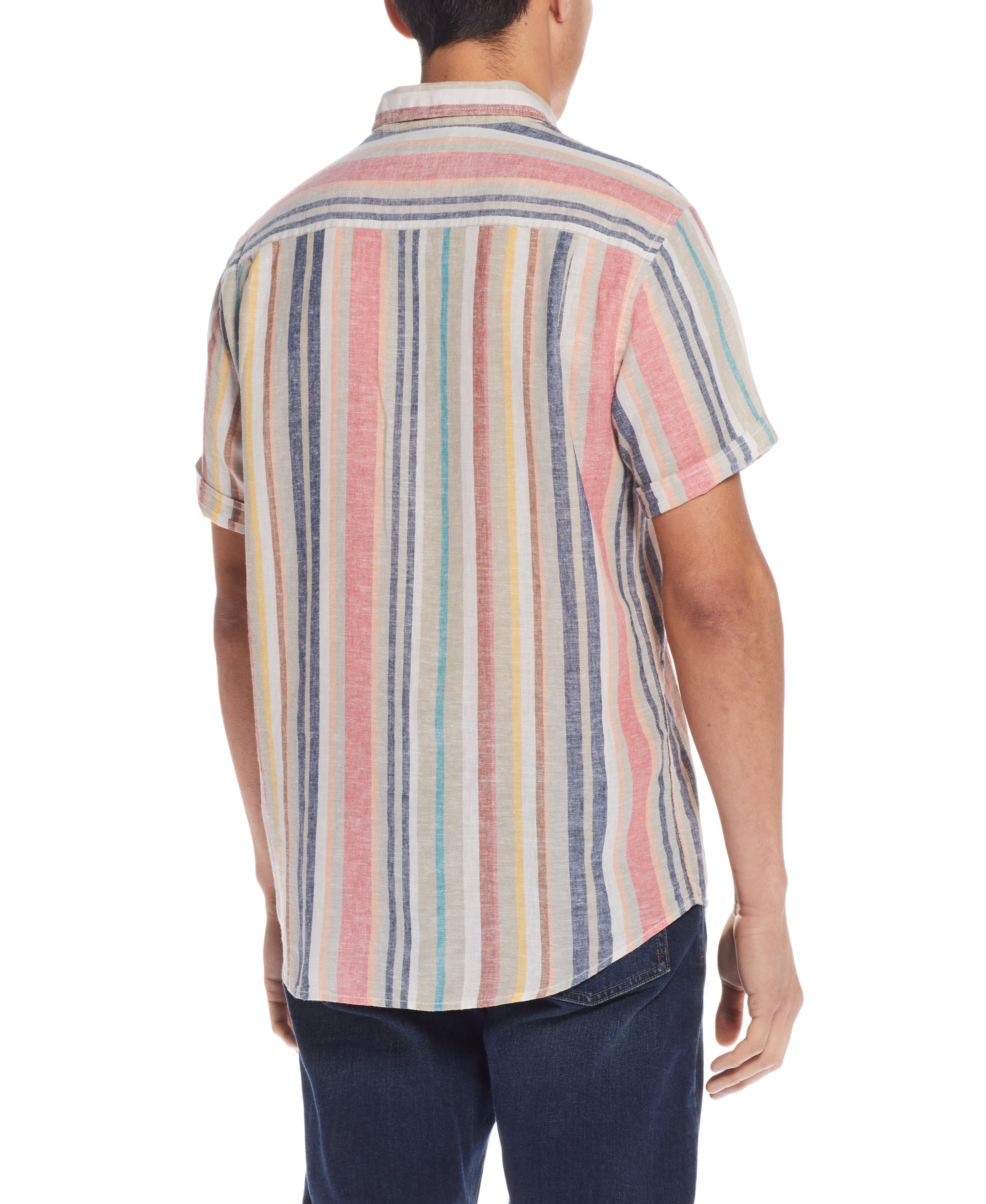 Short Sleeve Stripe Linen Cotton Shirt In Peach Echo