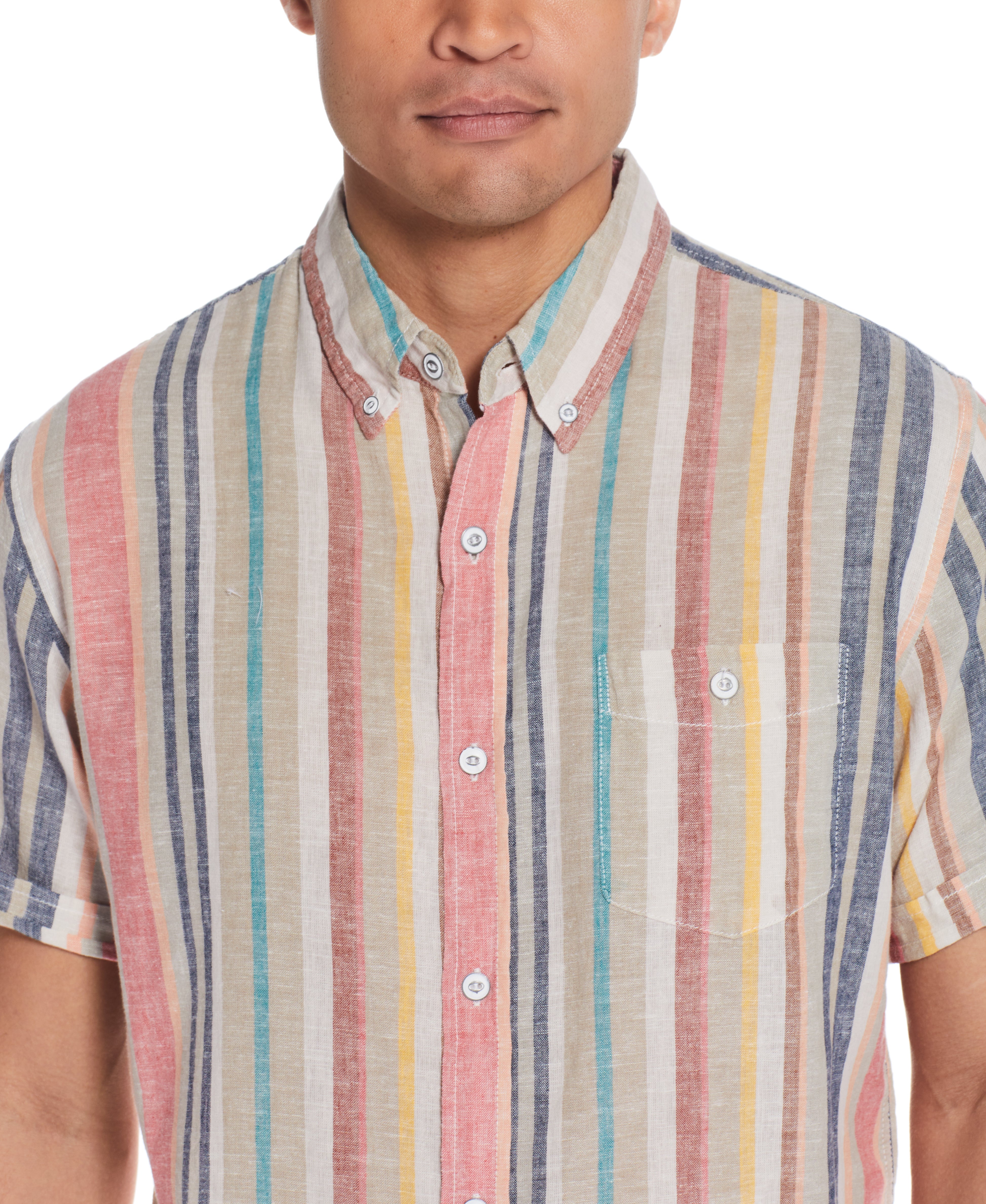 Short Sleeve Stripe Linen Cotton Shirt In Peach Echo