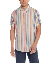 Short Sleeve Stripe Linen Cotton Shirt In Peach Echo