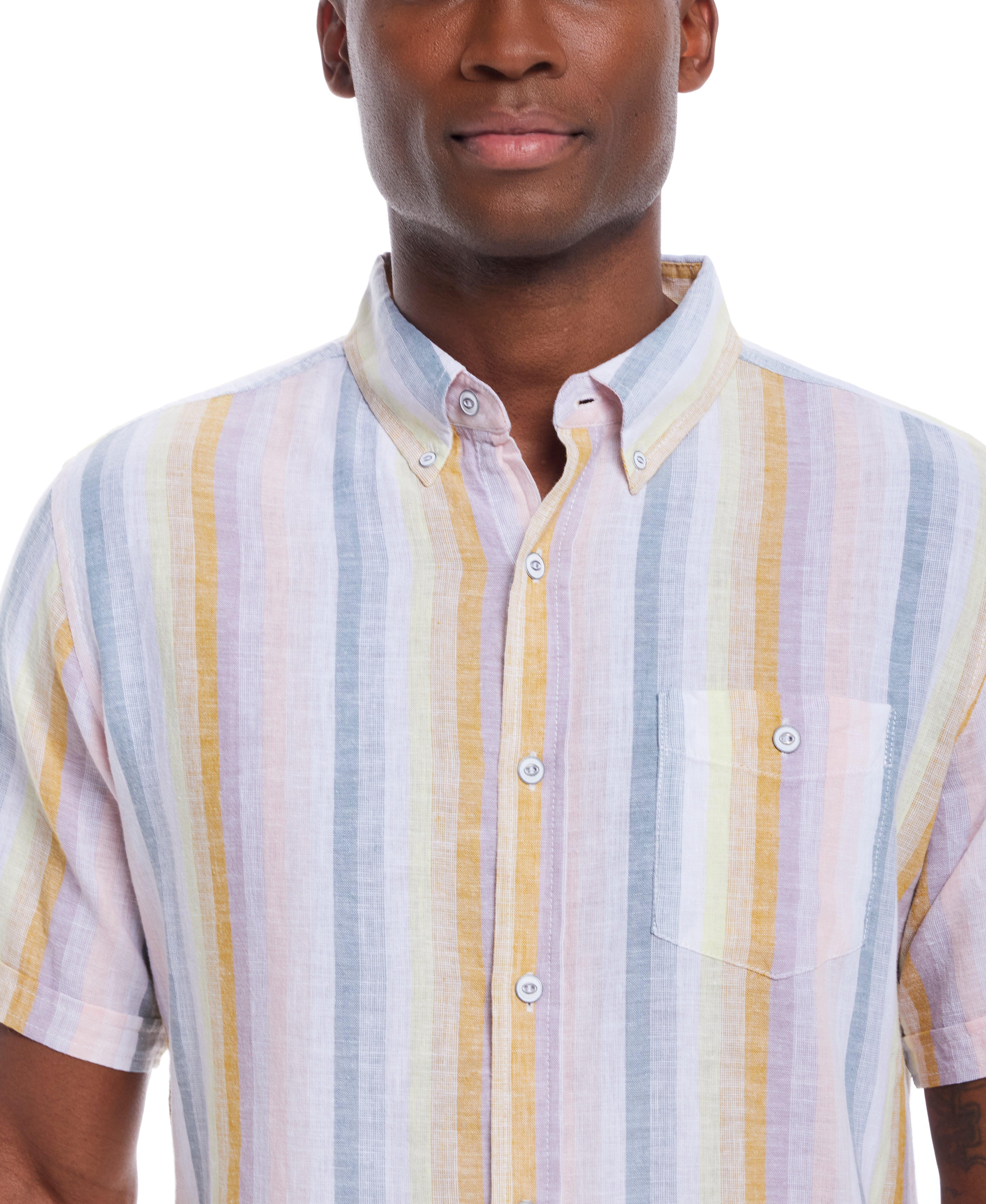 Short Sleeve Stripe Linen Cotton Shirt In Rose