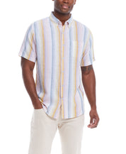 Short Sleeve Stripe Linen Cotton Shirt In Rose