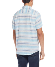 Short Sleeve Stripe Linen Cotton Shirt  In Soft Blue