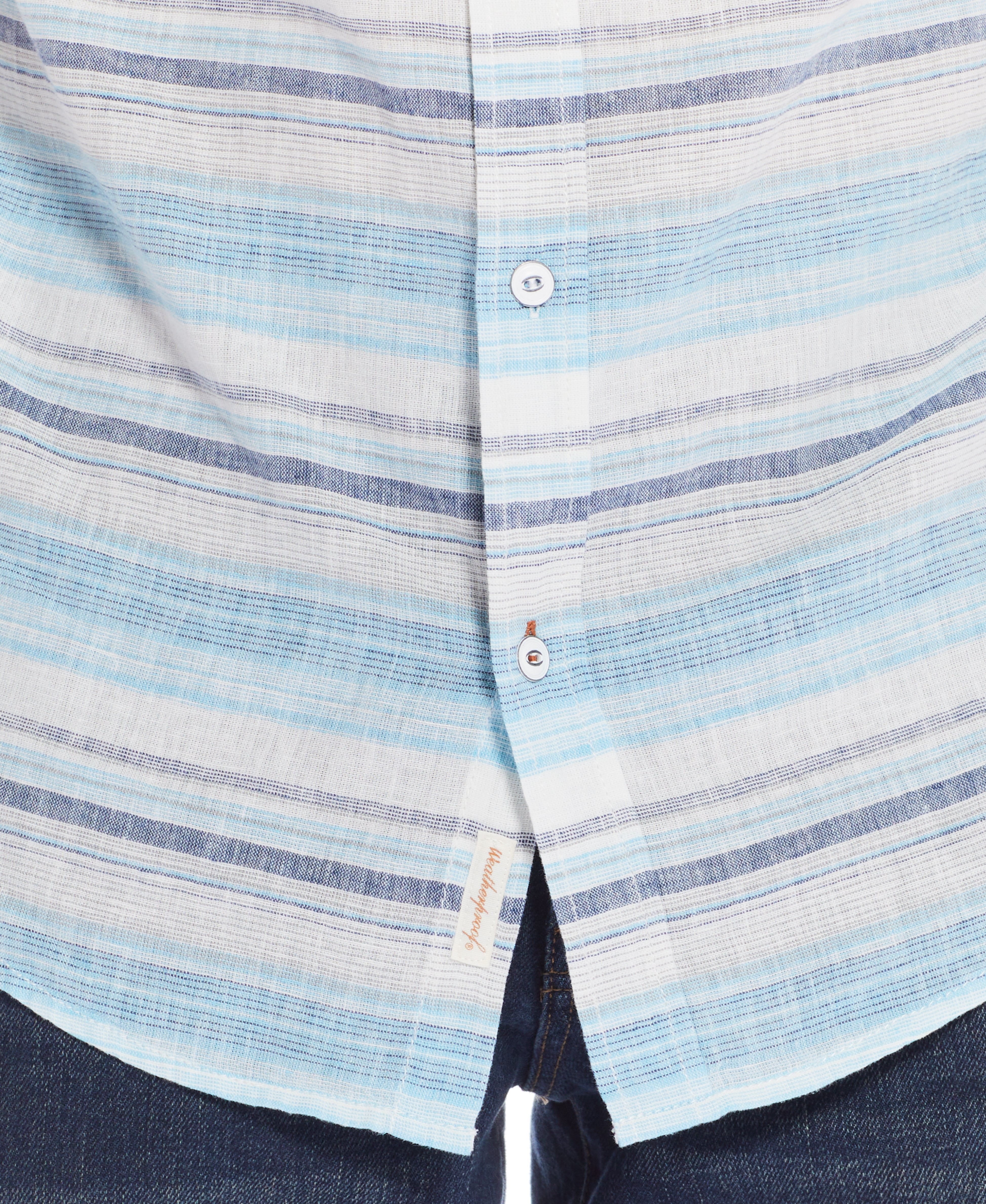 Short Sleeve Stripe Linen Cotton Shirt  In Soft Blue