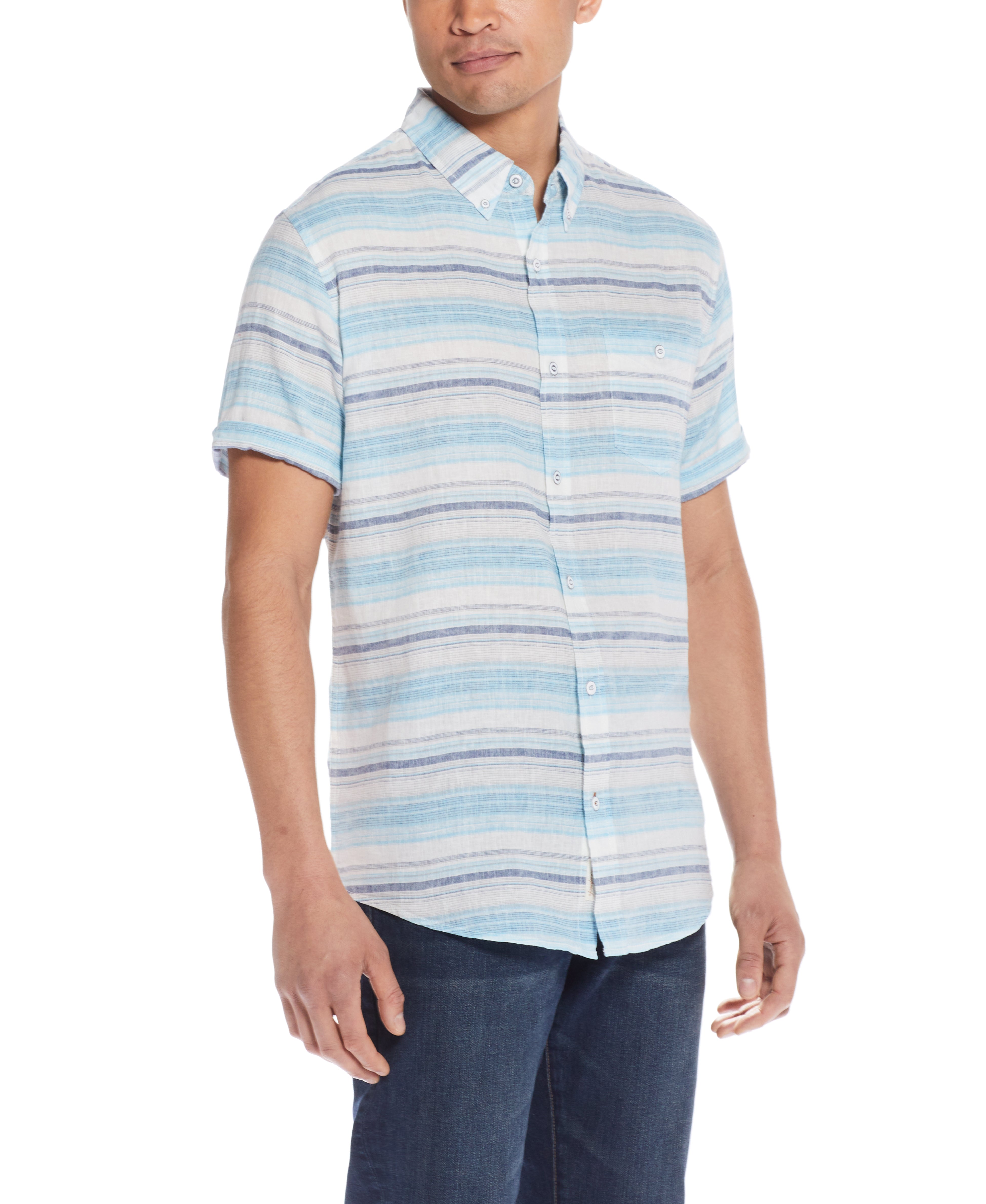 Short Sleeve Stripe Linen Cotton Shirt In Soft Blue – Weatherproof® Vintage