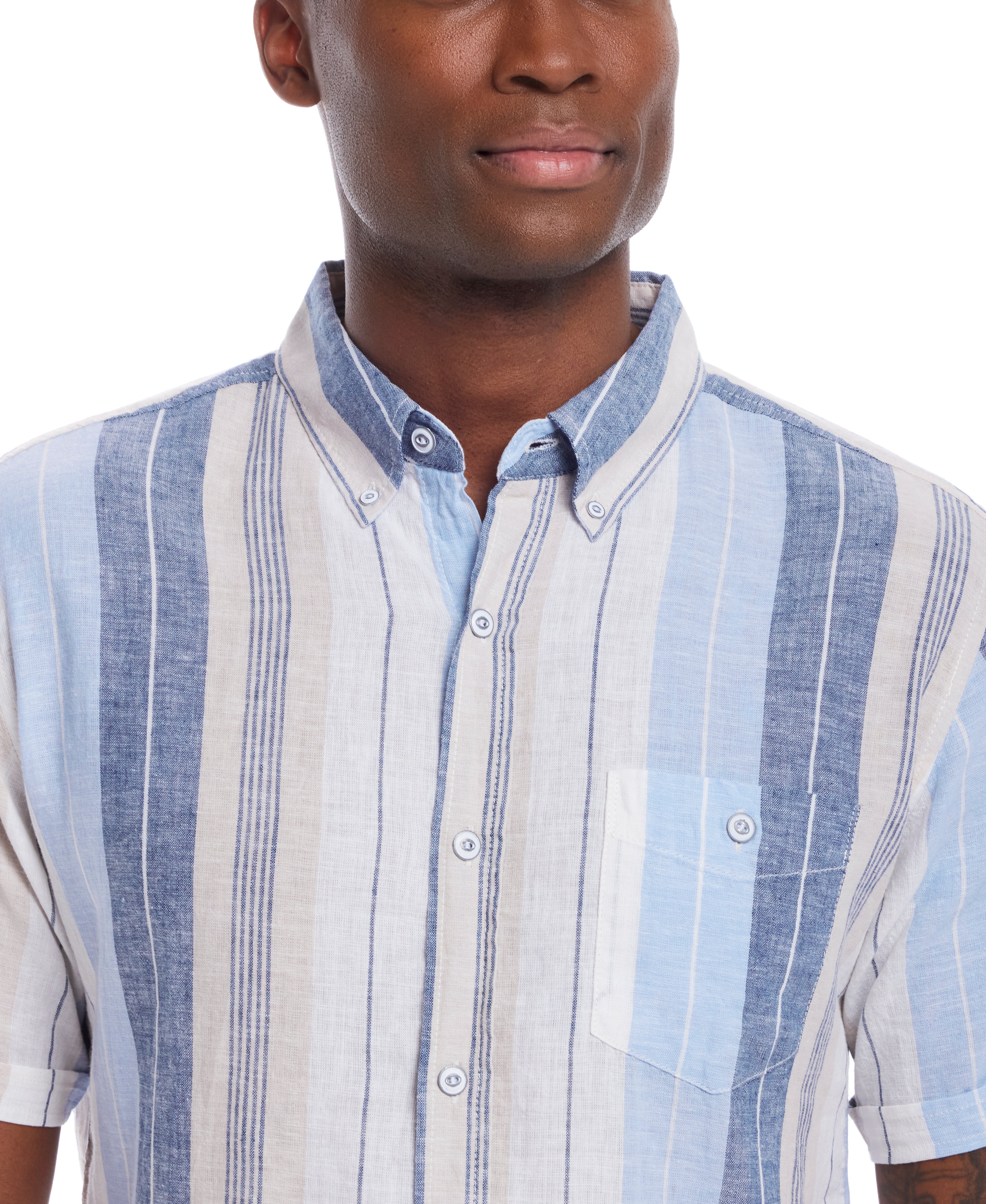 Short Sleeve Stripe Linen Cotton Shirt In Airy Blue