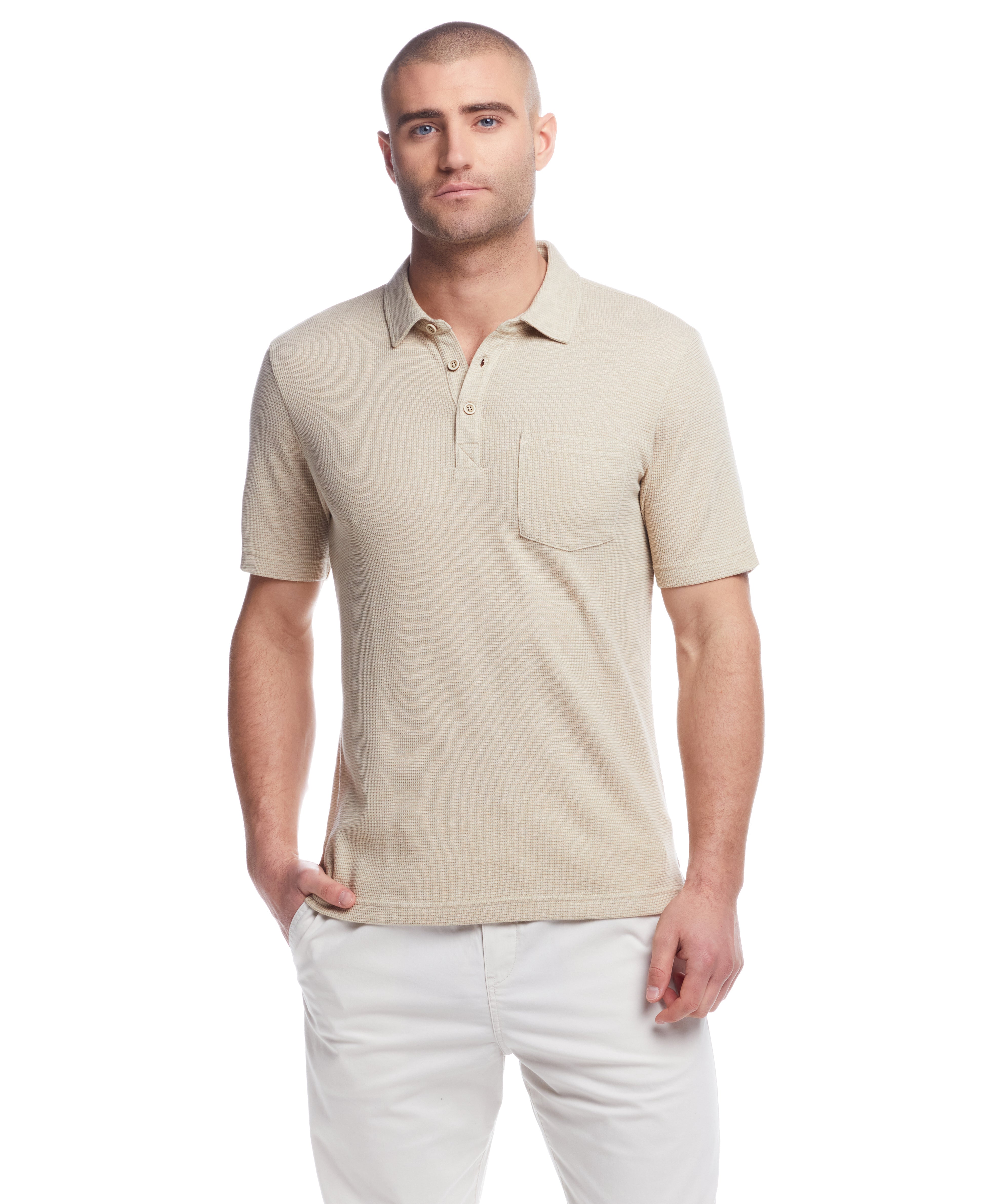 Short Sleeve Waffle Polo in Bleached Sand