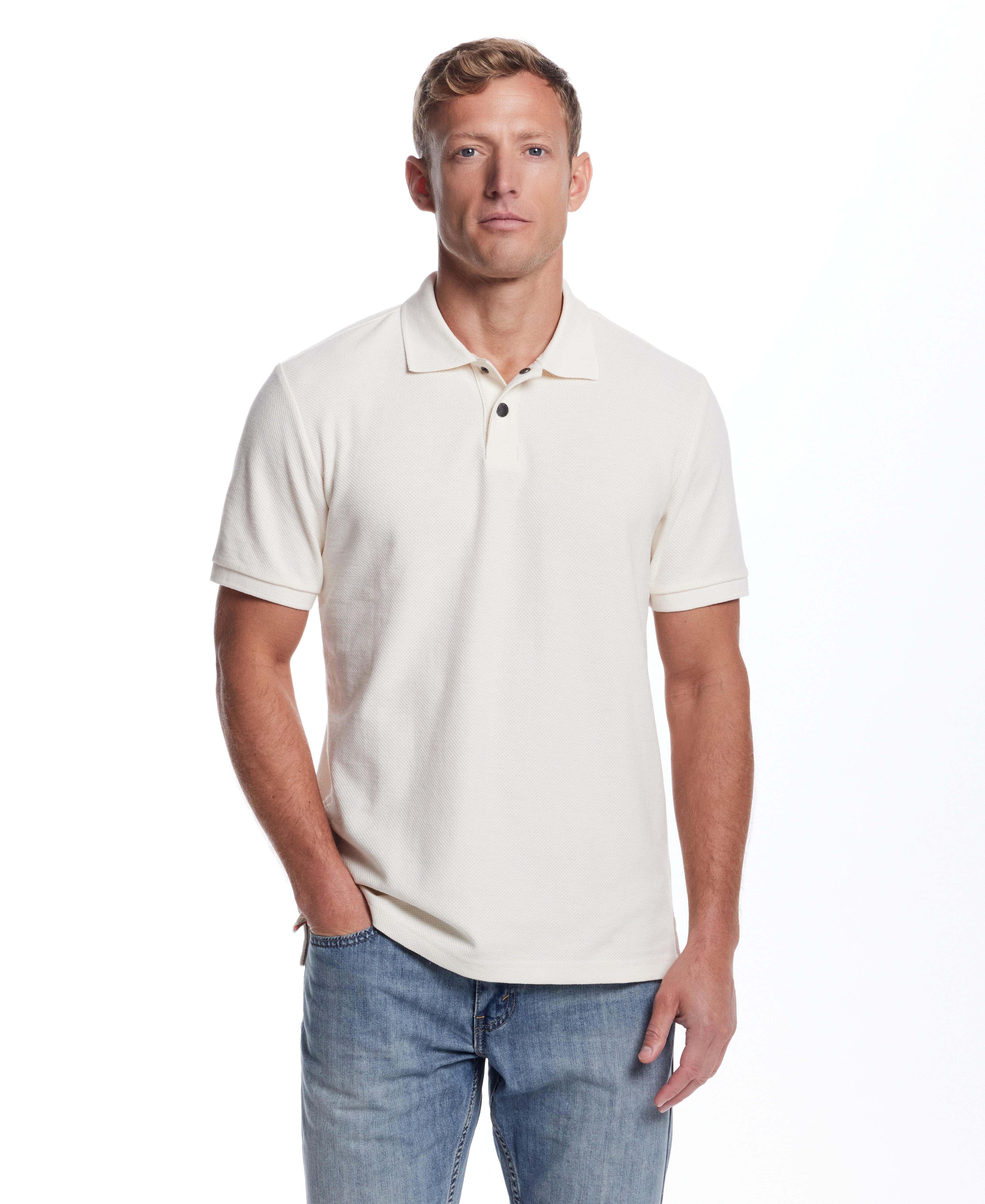 Short Sleeve Honeycomb Pique Polo Shirt in Ivory