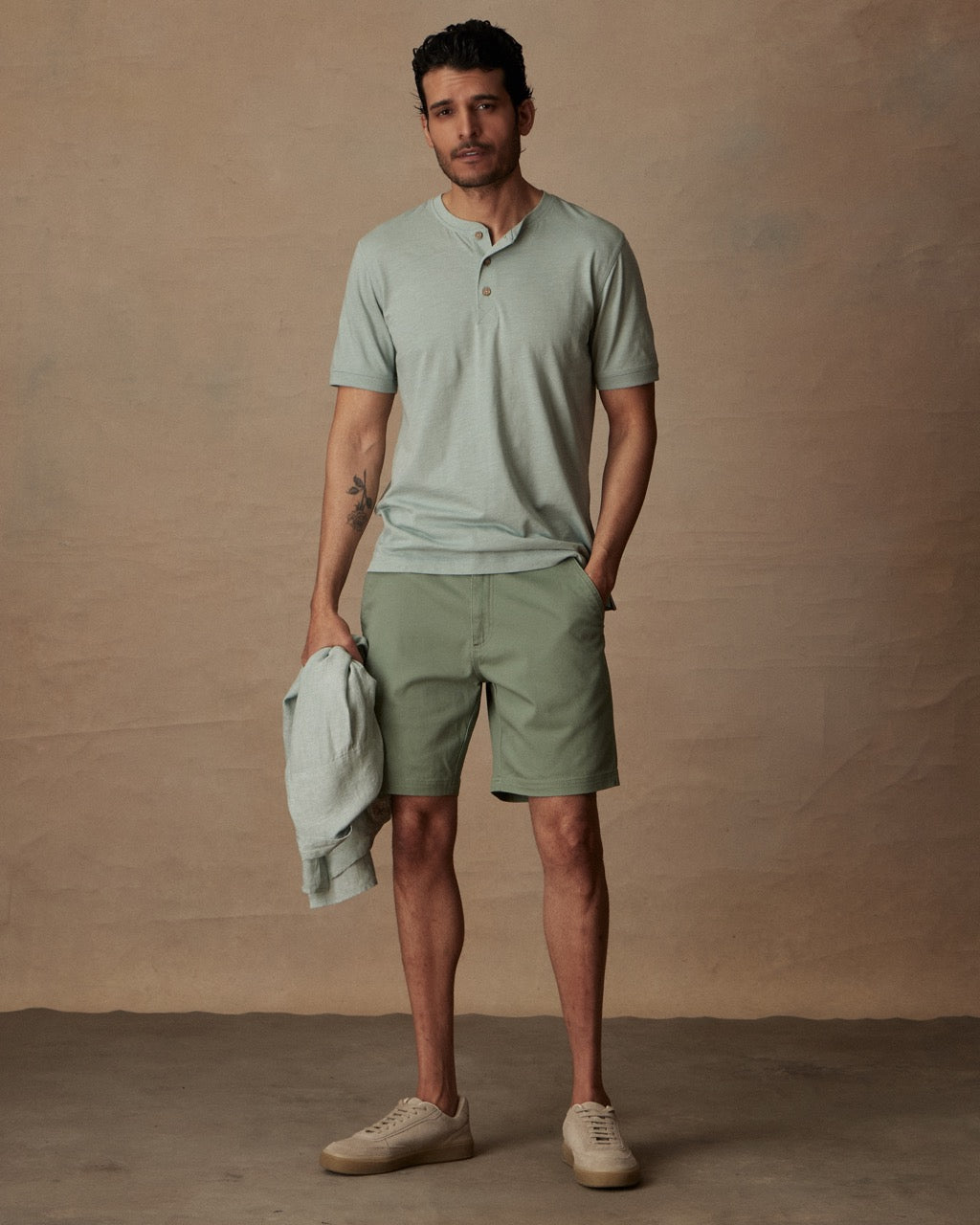 Short Sleeve Melange Henley in Sea Mist Heather