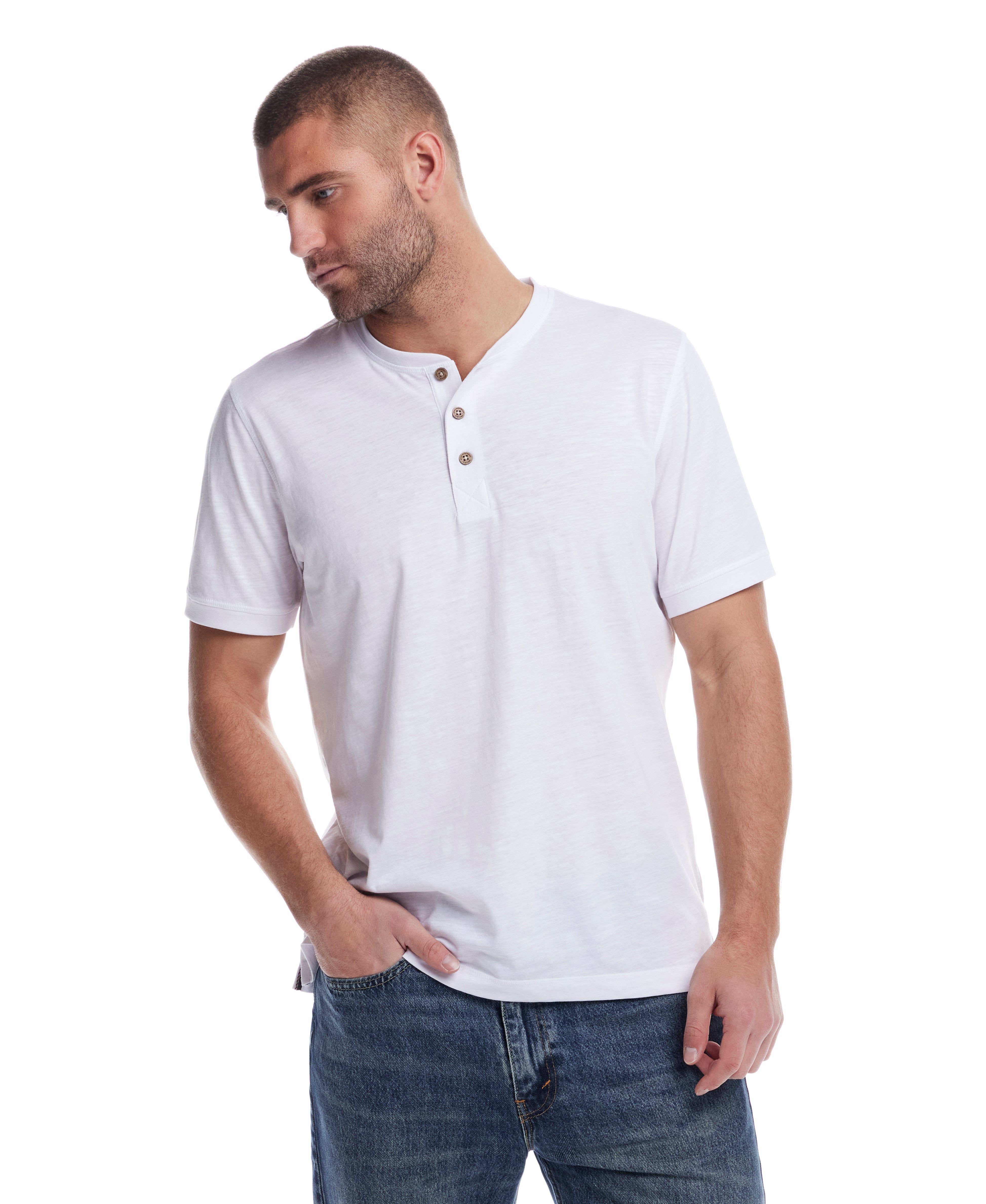 Short Sleeve Melange Henley in Bright White