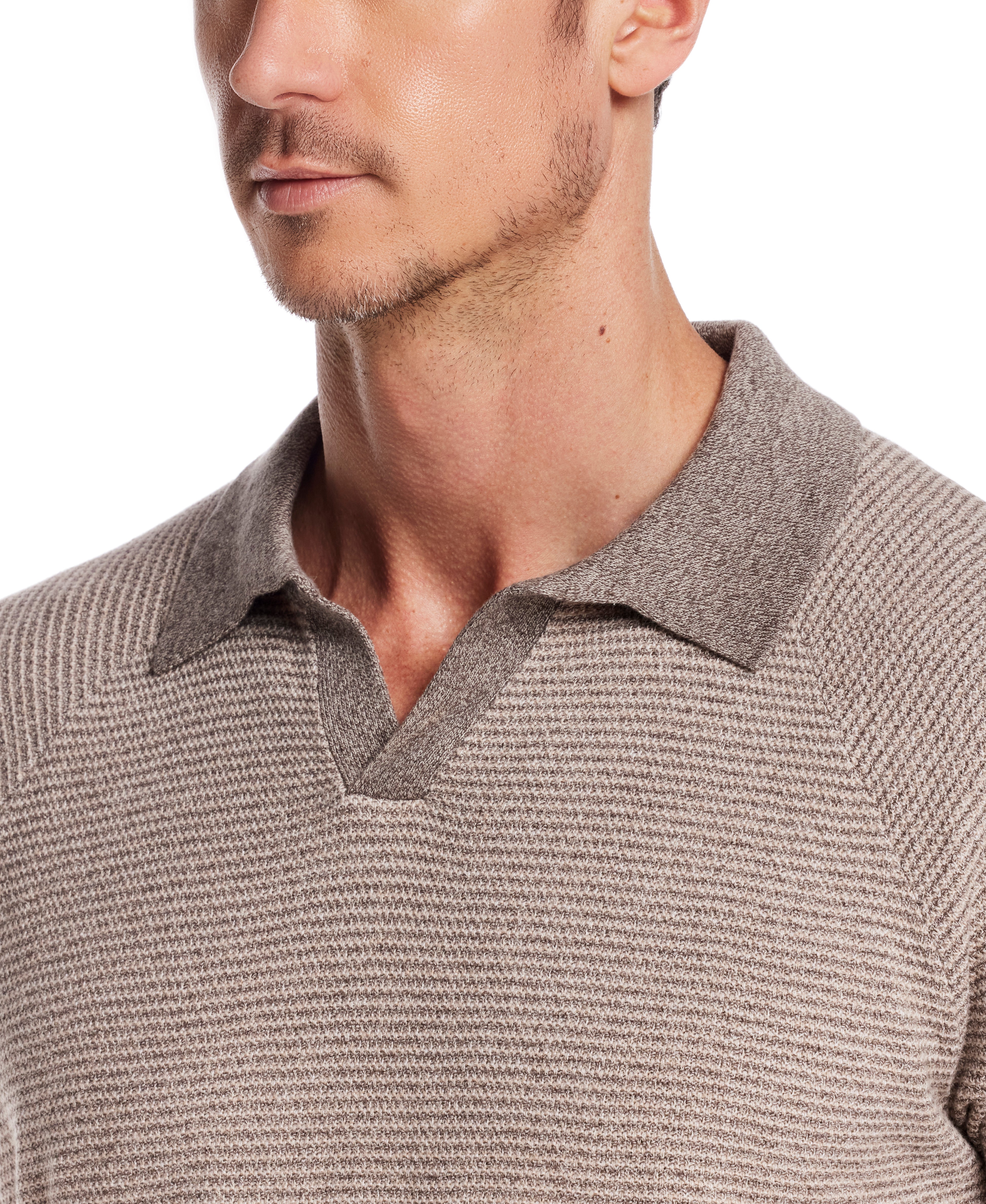 Striped Johnny Collar Polo Sweater in Brown Twist