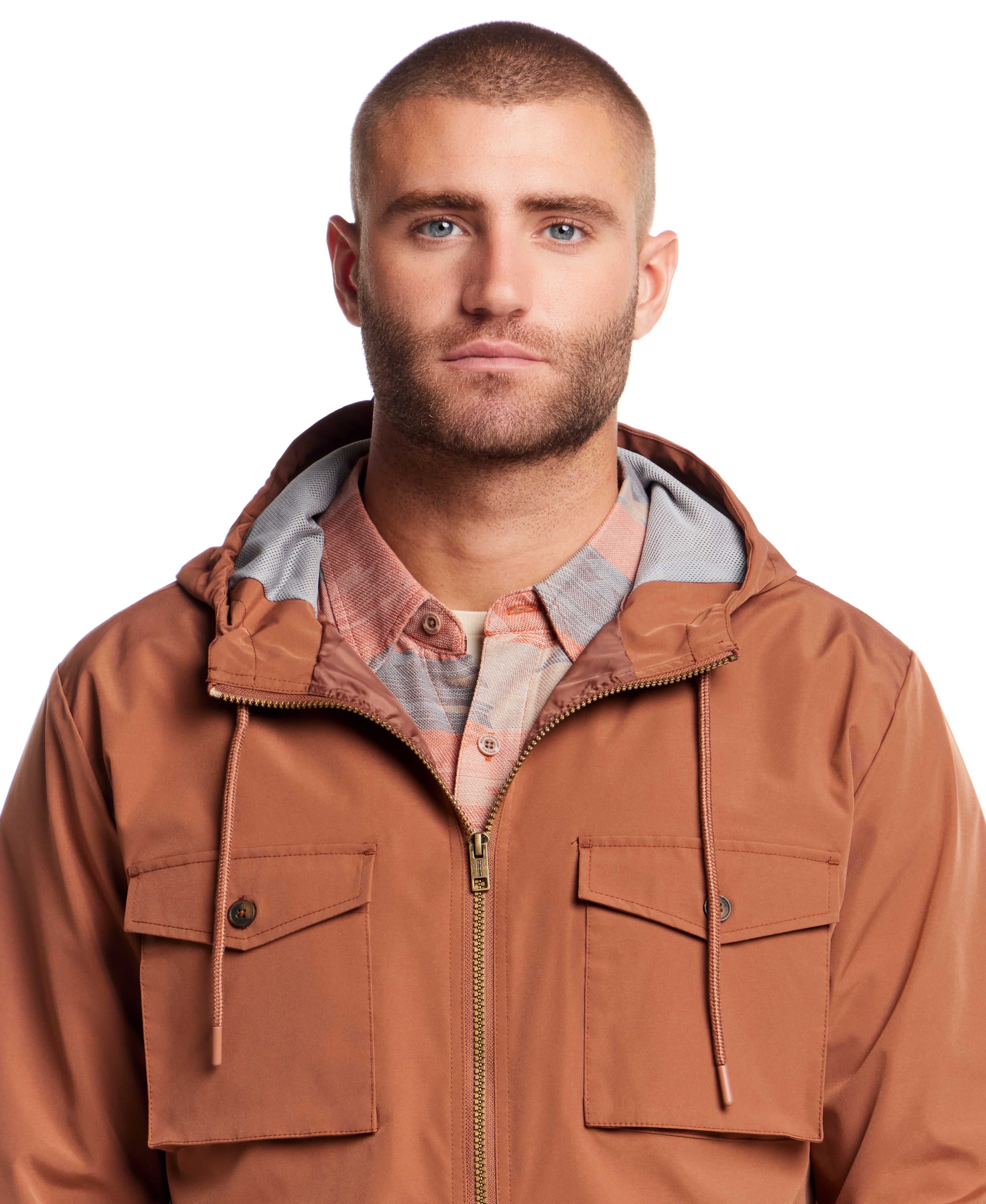 Poly Memory Safari Jacket with Hood in Clay