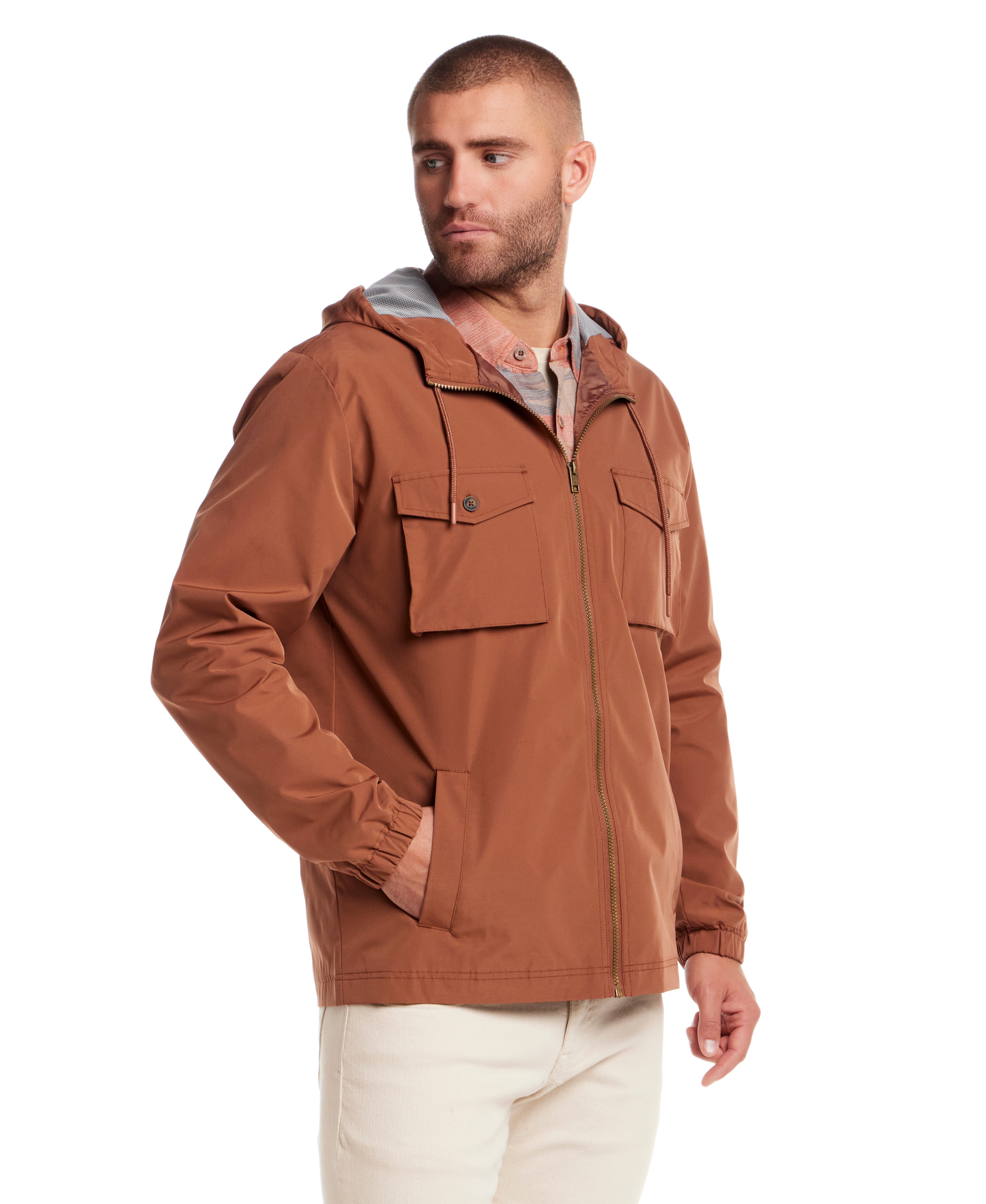 Poly Memory Safari Jacket with Hood in Clay